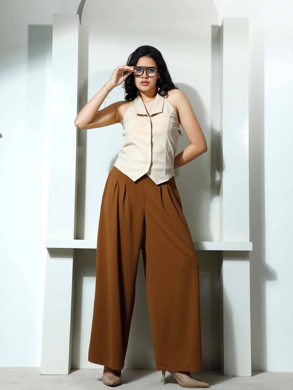 Beige Halter Neck Polyester Solid Casual Top | HT67 - view 4