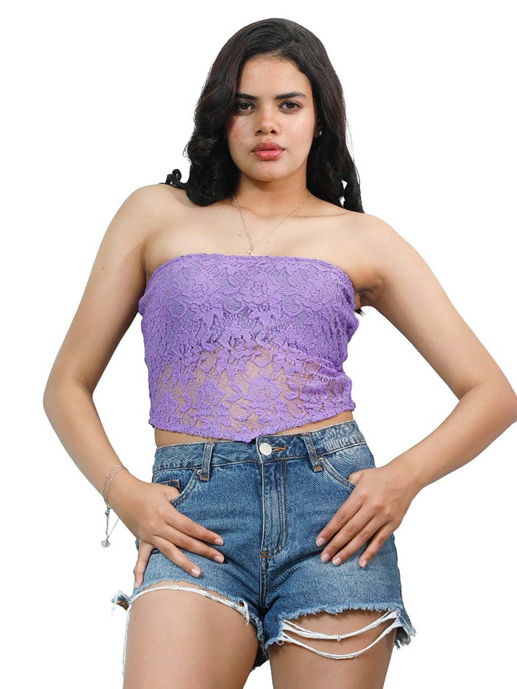 Lavender Sleeveless Strapless Polyester Self Design Casual Top | TT90 - view 1