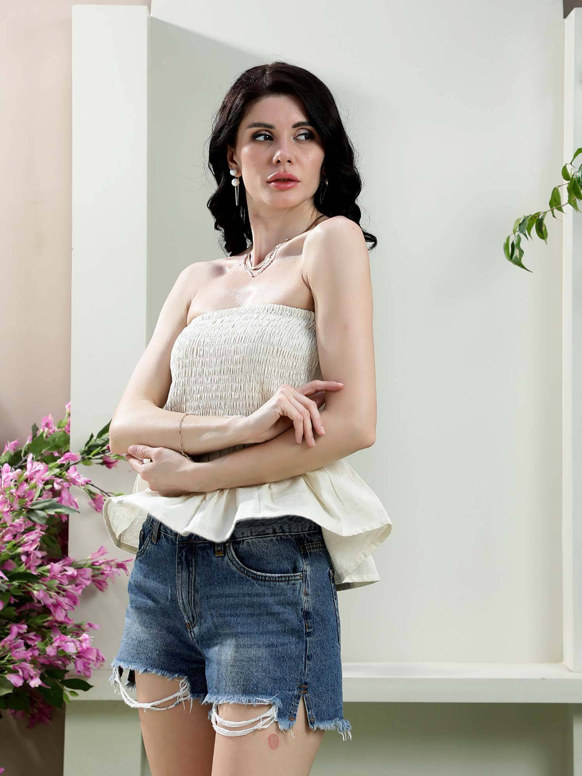 Off-White Strapless Linen Solid Casual Top | TT90 - view 5