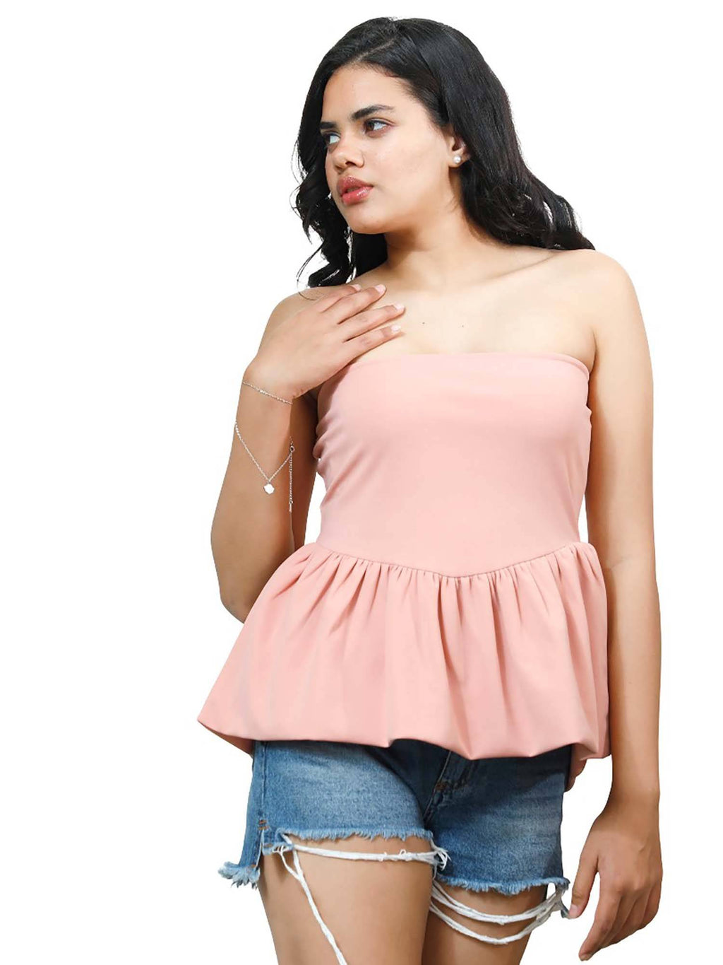 Pink Strapless/Tube Scuba Solid Casual Top | TT90 - view 2