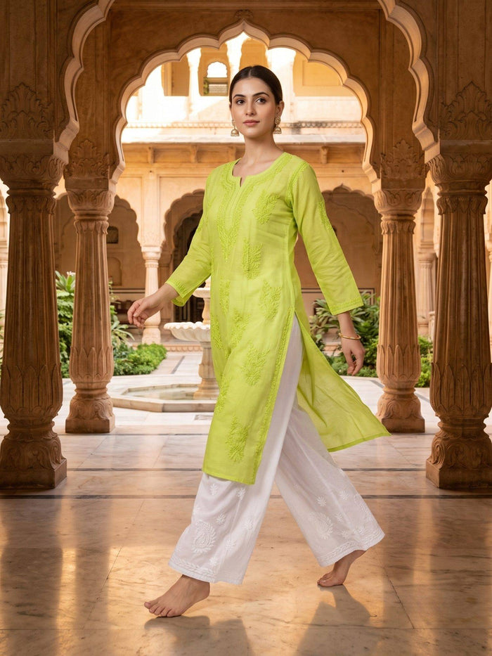 Women Green Chanderi Silk Chikankari Kurta | KDG - view 1