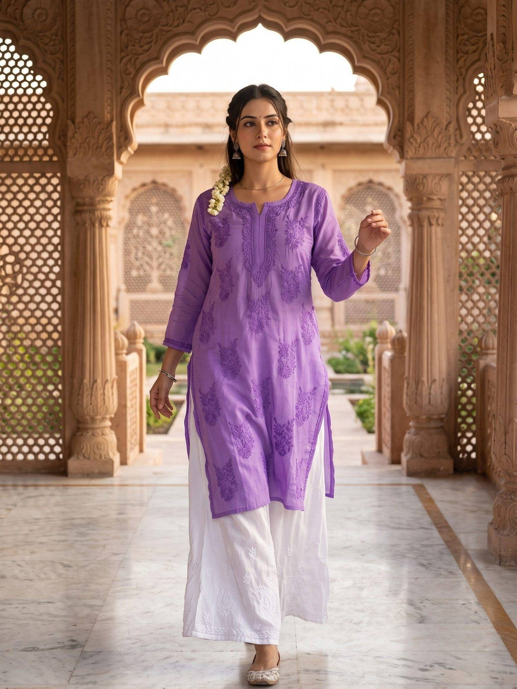 Women Green Chanderi Silk Chikankari Kurta | FY93 - view 6