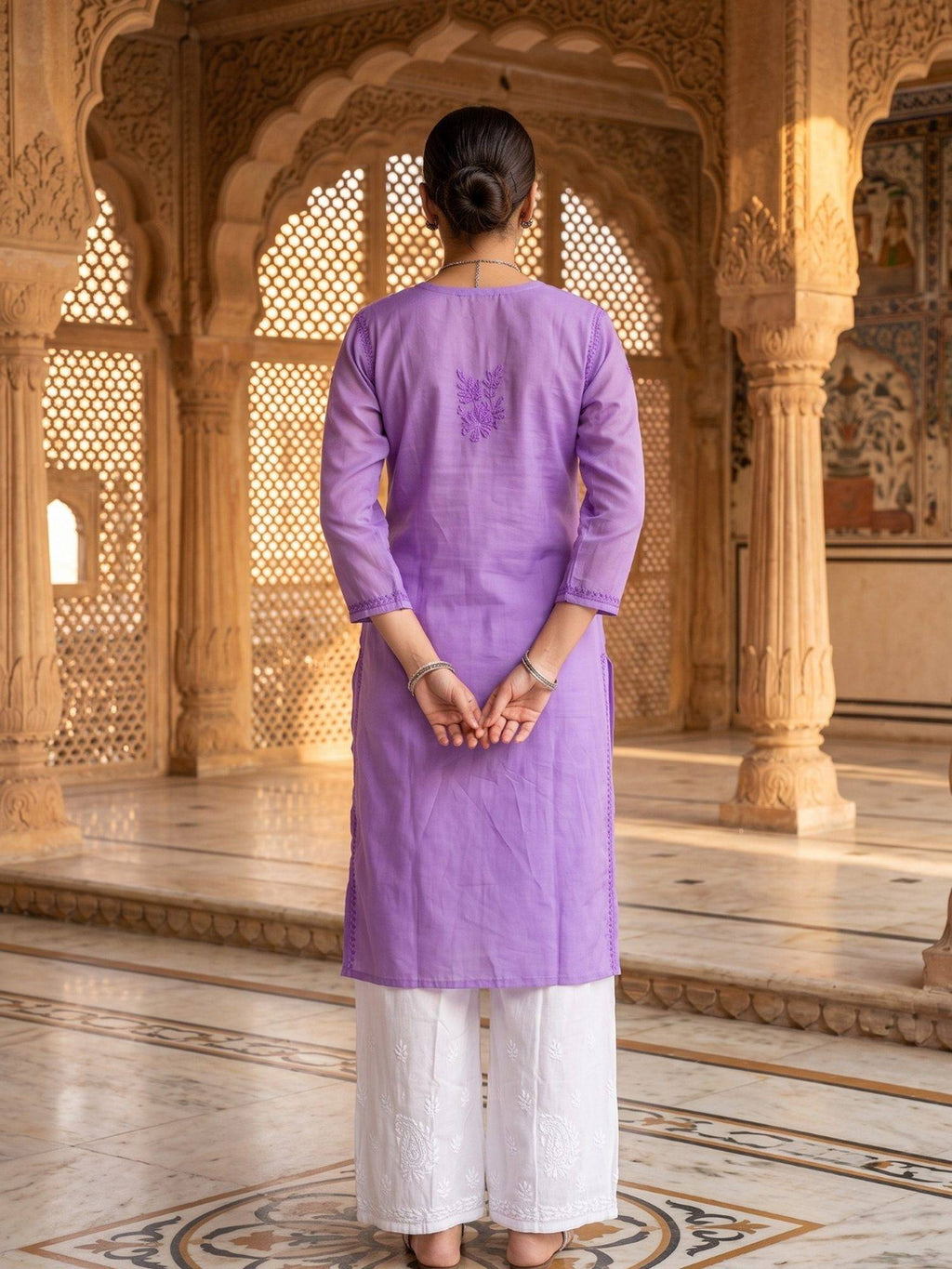 Women Green Chanderi Silk Chikankari Kurta | FY93 - view 7
