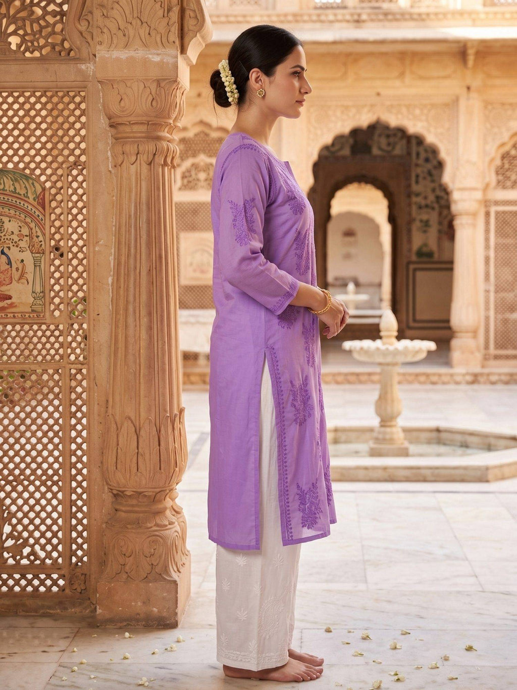 Women Green Chanderi Silk Chikankari Kurta | FY93 - view 9