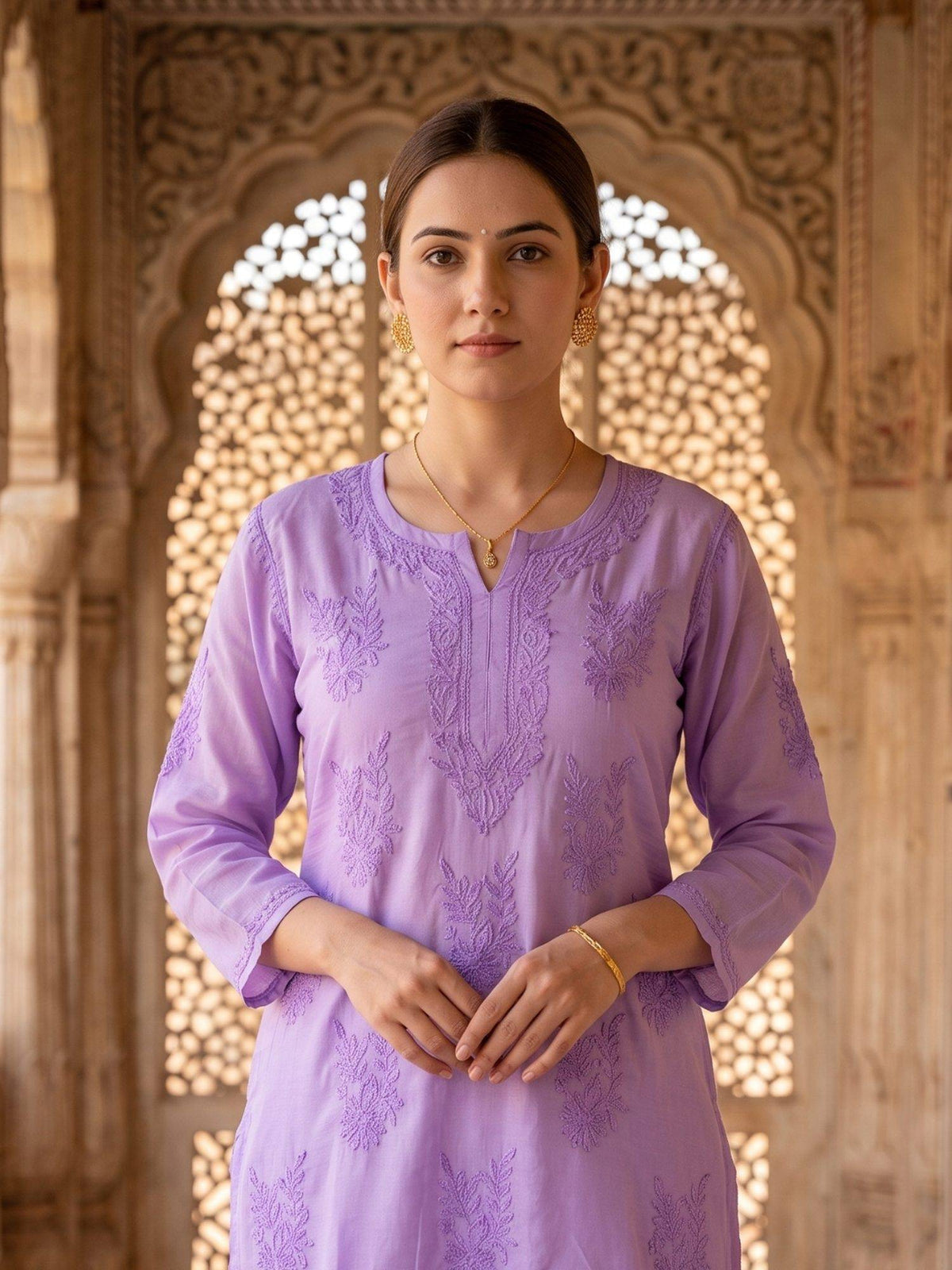 Women Pink Chanderi Silk Chikankari Kurta | U3S - view 10
