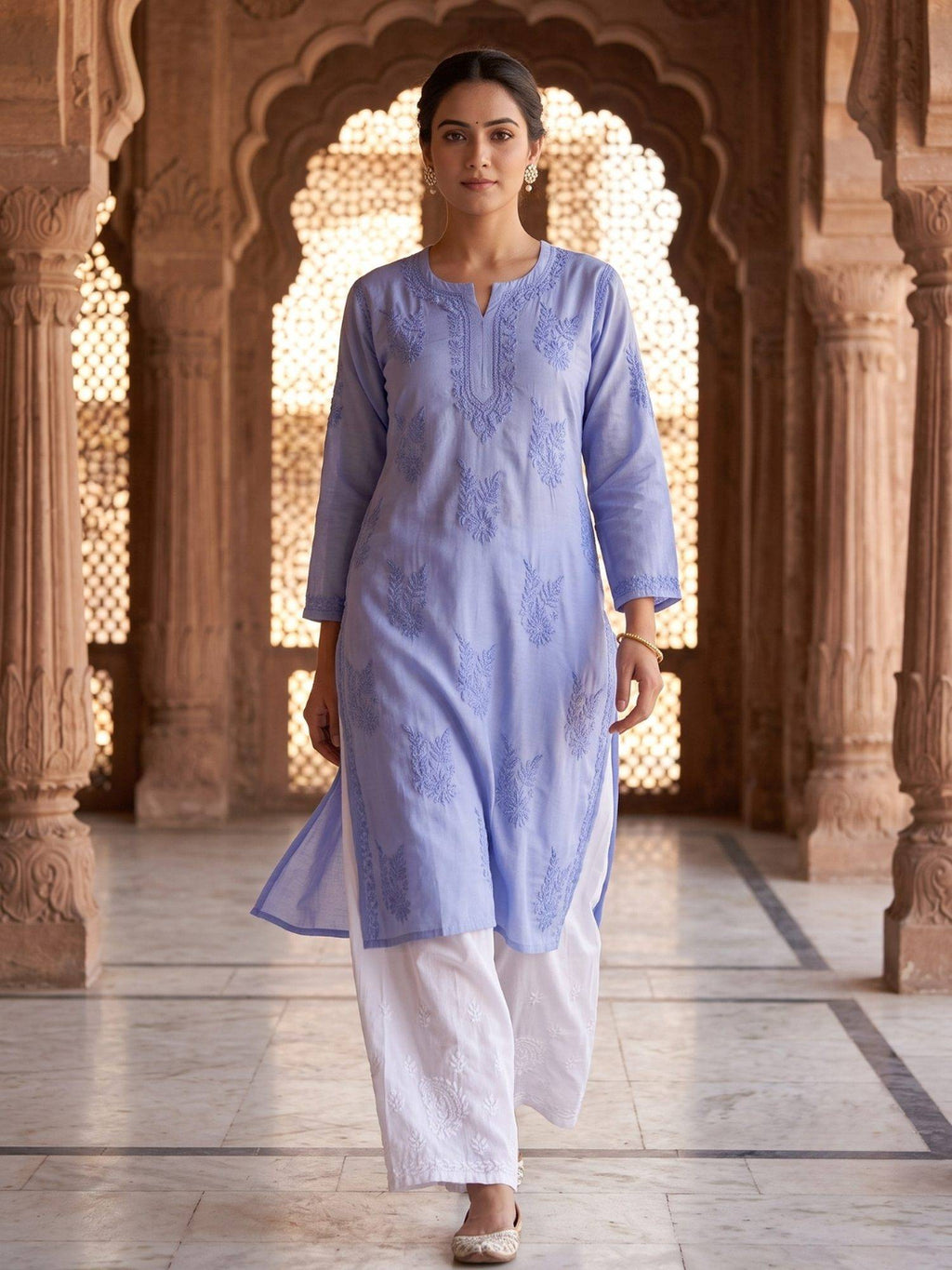 Women Green Chanderi Silk Chikankari Kurta | FY93 - view 21
