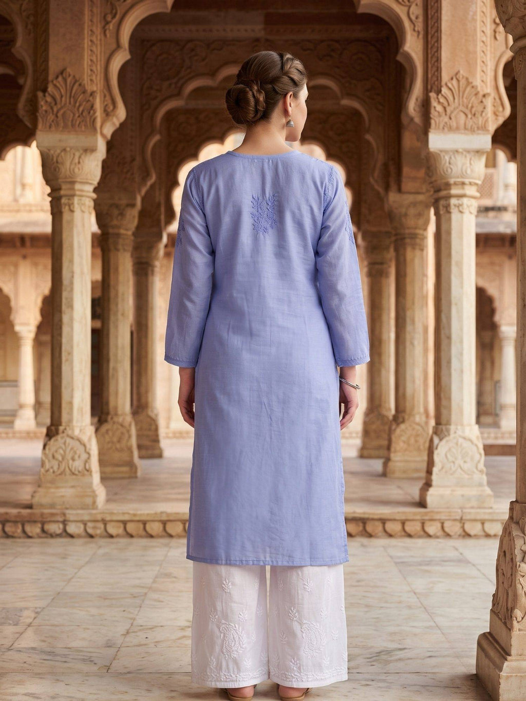 Women Pink Chanderi Silk Chikankari Kurta | U3S - view 27