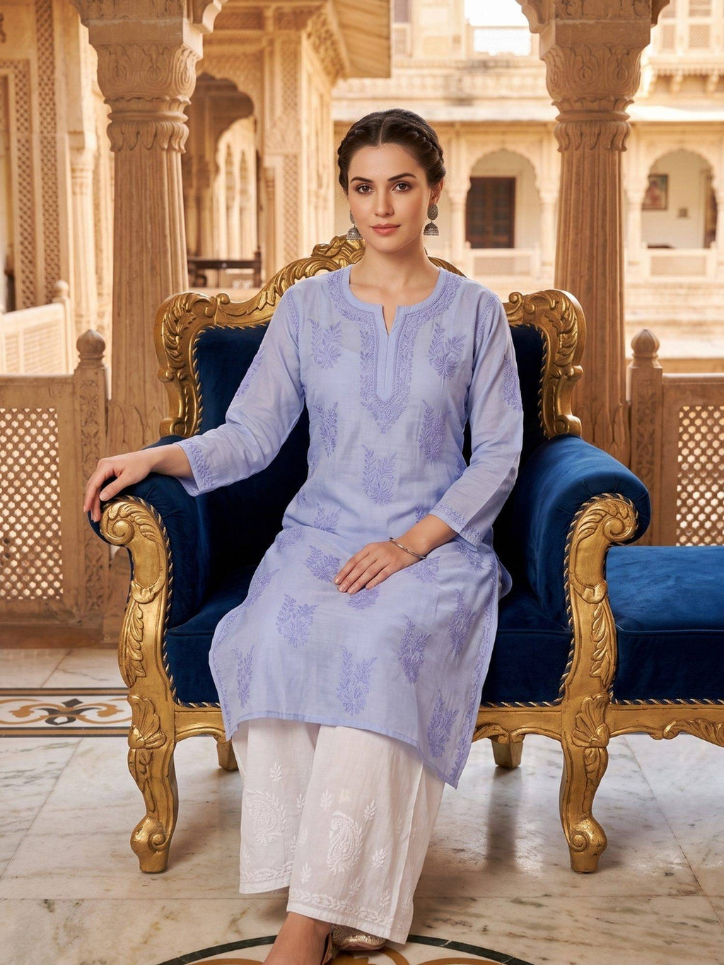 Women Green Chanderi Silk Chikankari Kurta | FY93 - view 23