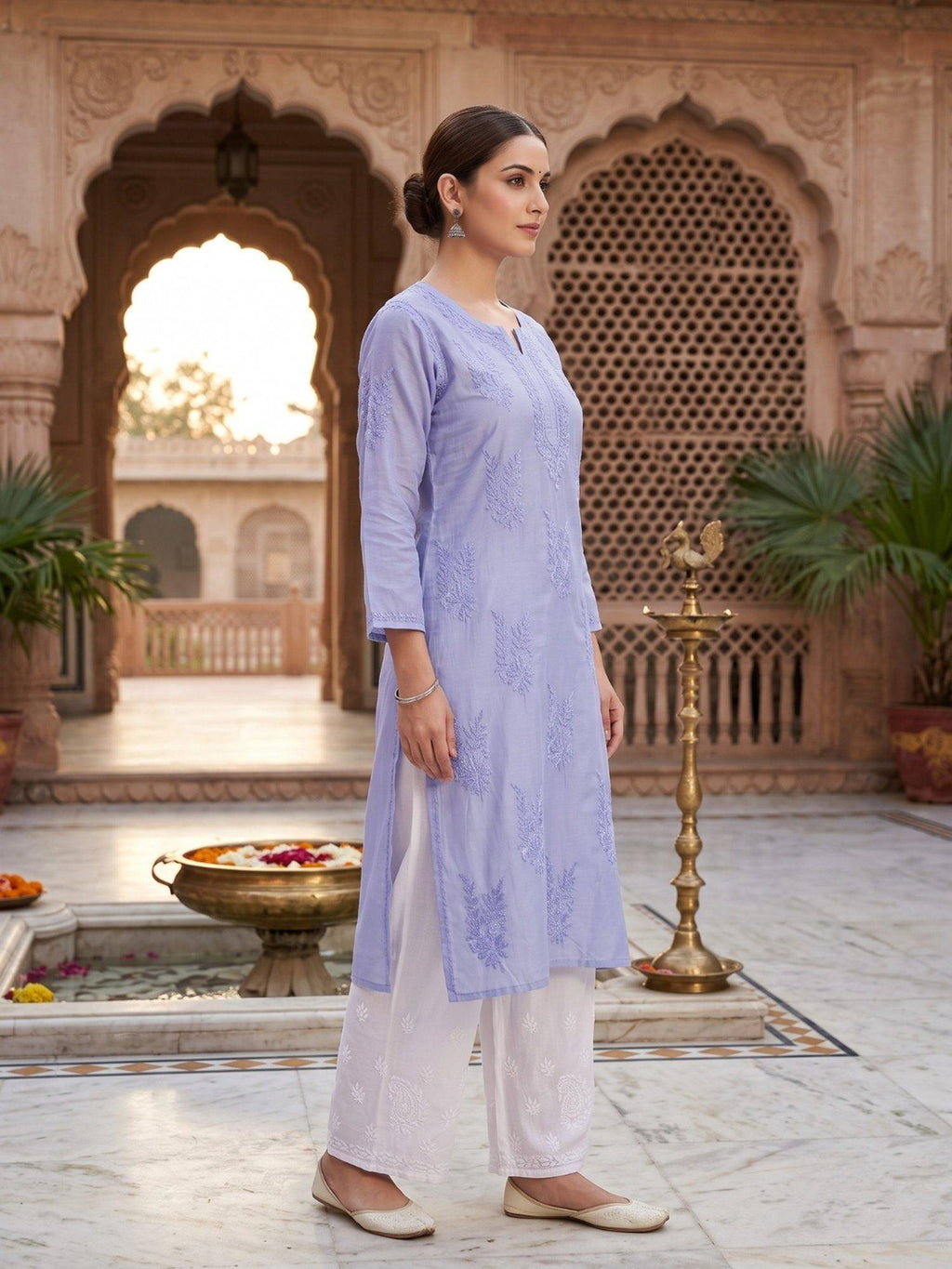Women Green Chanderi Silk Chikankari Kurta | FY93 - view 24