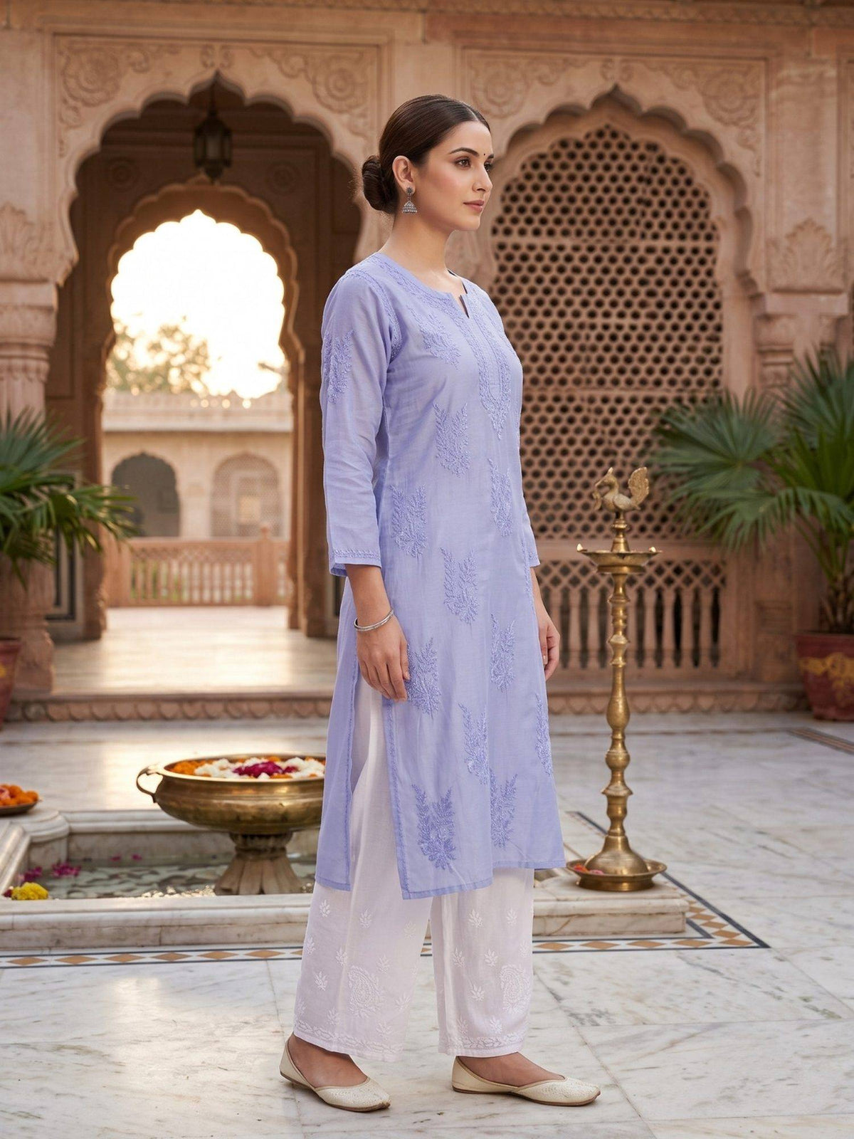 Women Green Chanderi Silk Chikankari Kurta | FY93 - view 24
