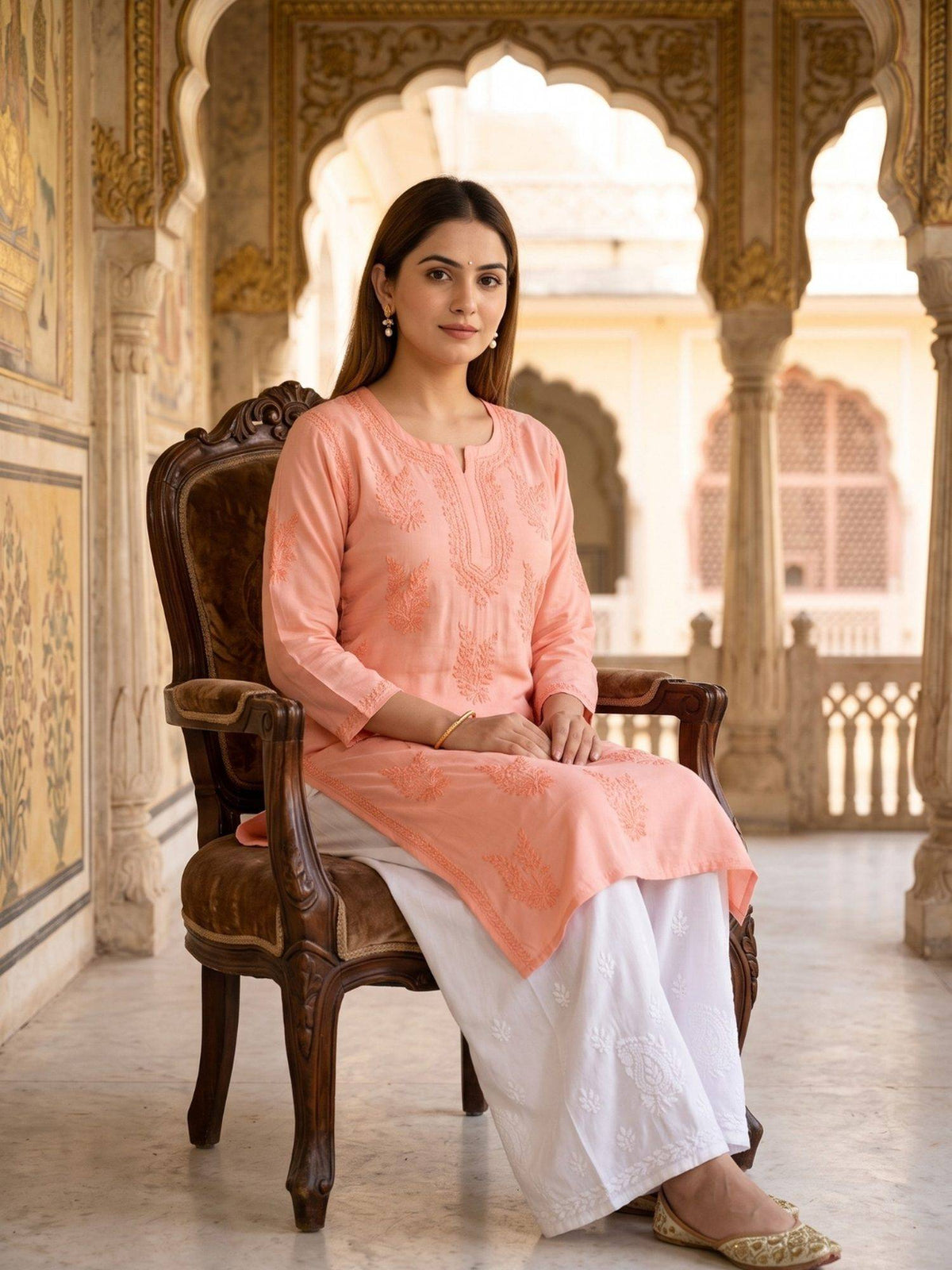 Women Pink Chanderi Silk Chikankari Kurta | U3S - view 24