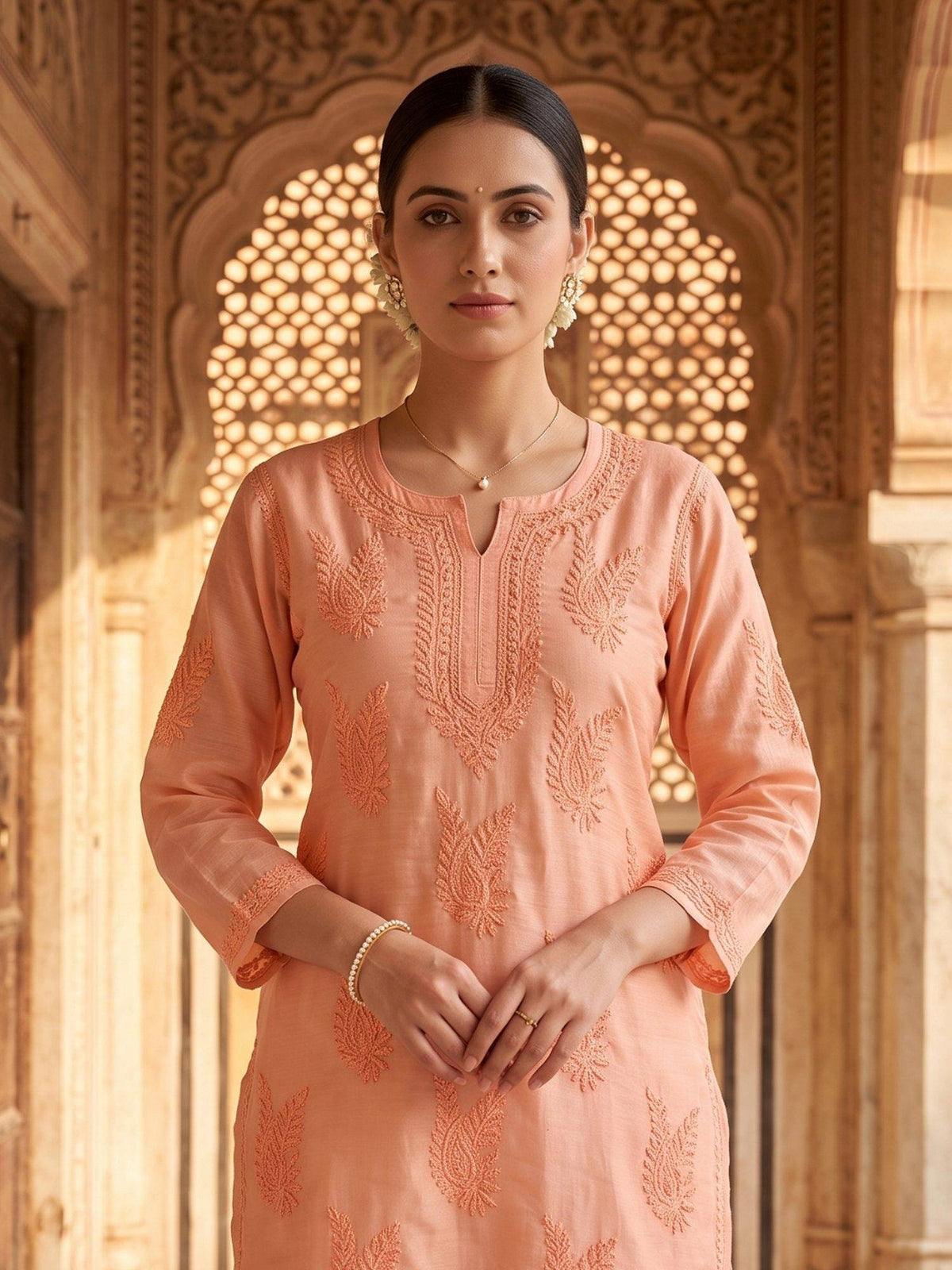 Women Green Chanderi Silk Chikankari Kurta | FY93 - view 30