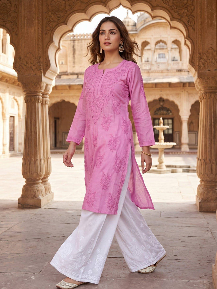 Women Pink Chanderi Silk Chikankari Kurta | U3S - view 1