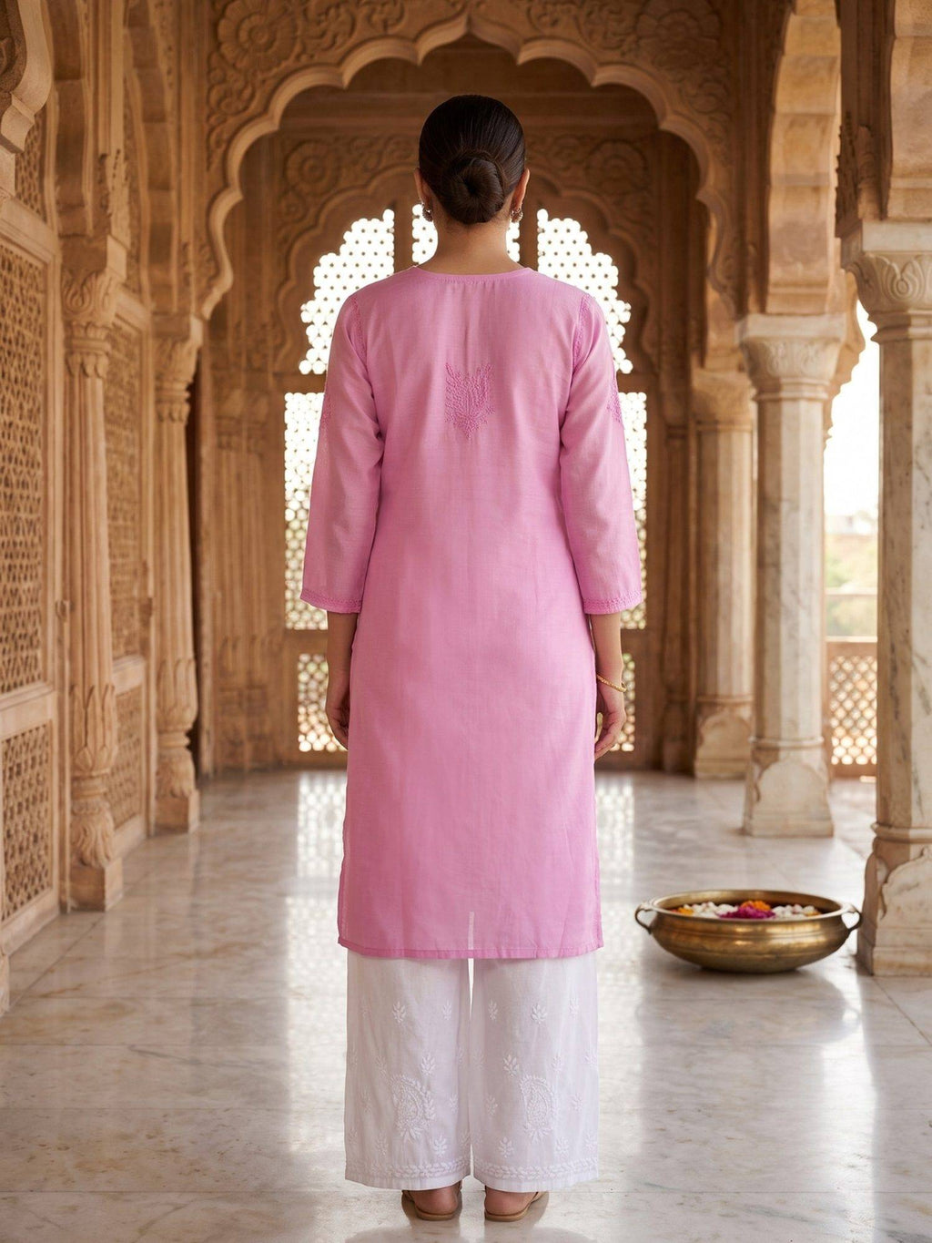 Women Pink Chanderi Silk Chikankari Kurta | U3S - view 2