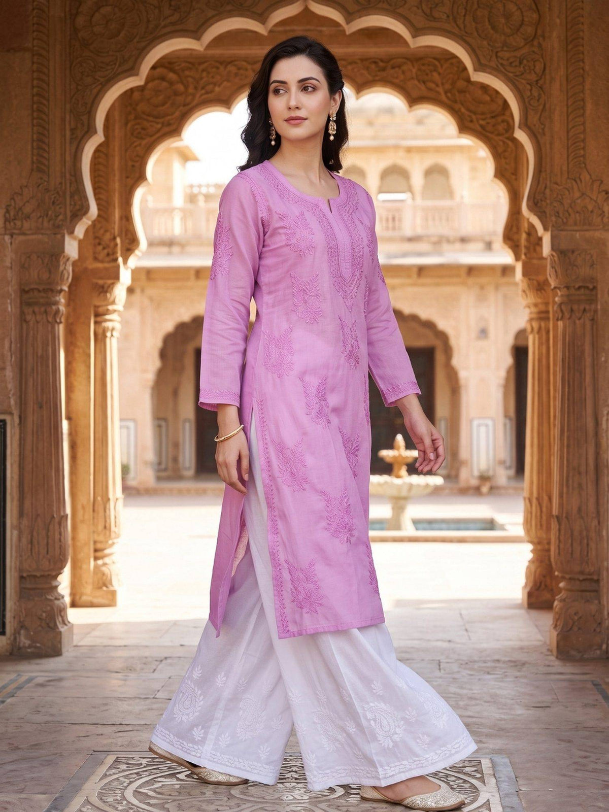 Women Pink Chanderi Silk Chikankari Kurta | U3S - view 4