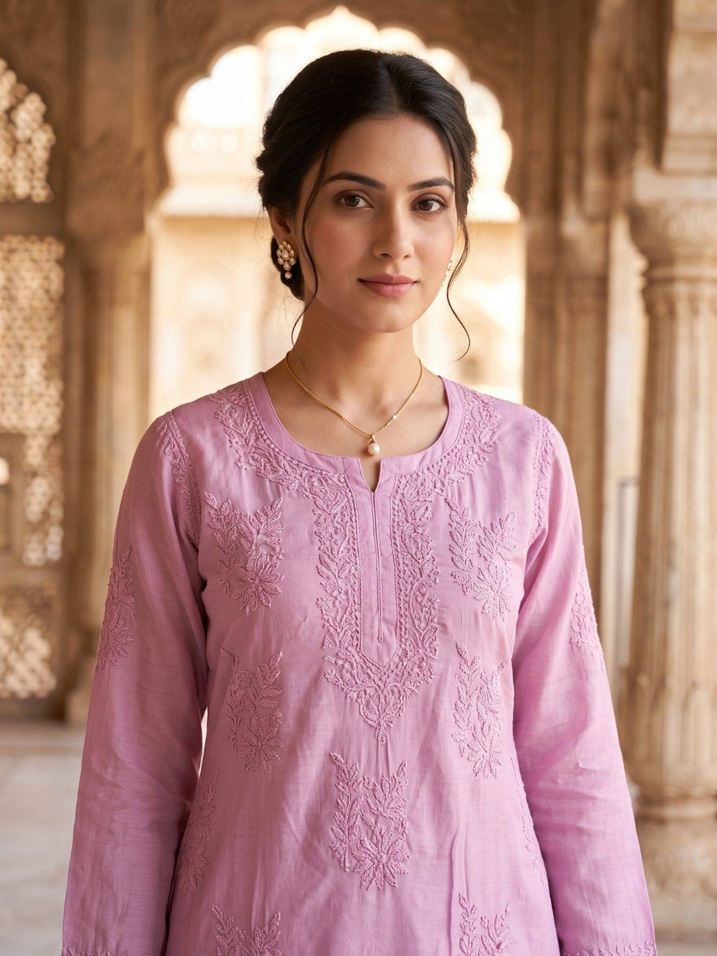 Women Pink Chanderi Silk Chikankari Kurta | U3S - view 5