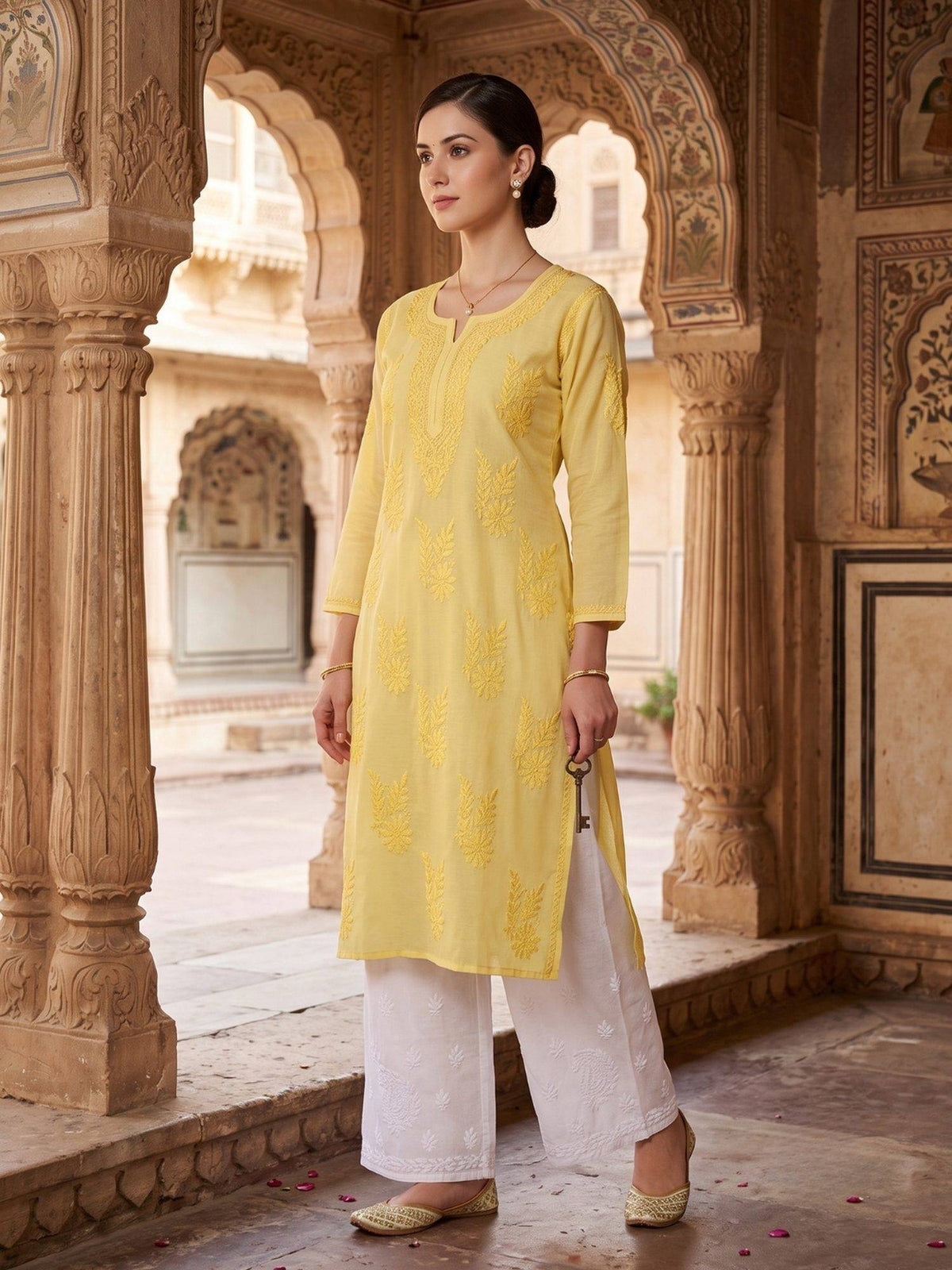 Women Green Chanderi Silk Chikankari Kurta | KDG - view 16