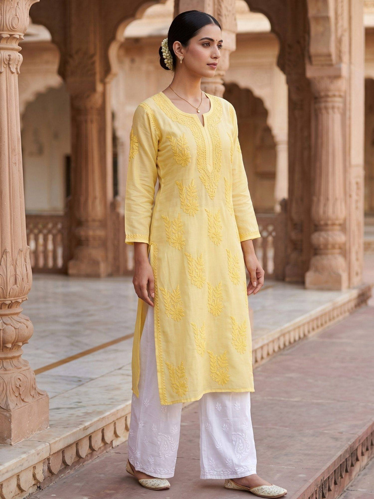 Women Pink Chanderi Silk Chikankari Kurta | U3S - view 14