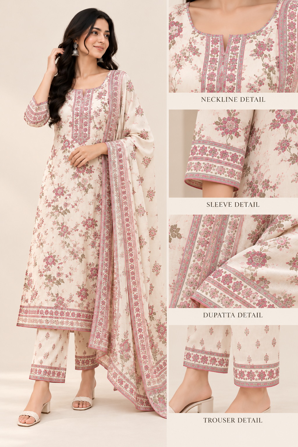 Ivory Floral Kurta Set with Printed Dupatta