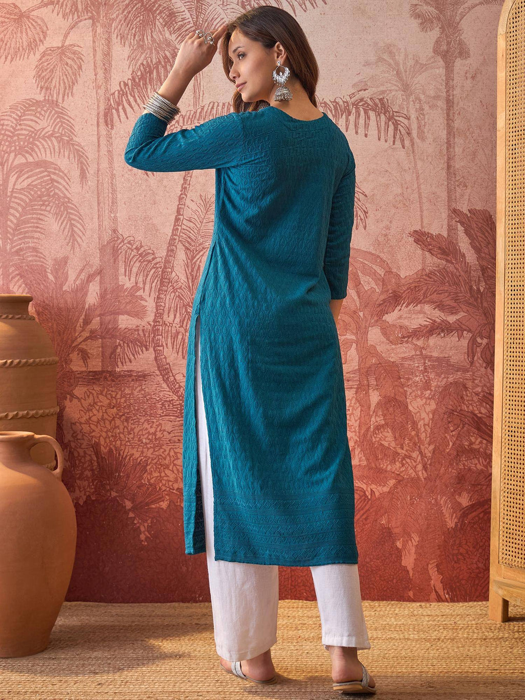 Teal Lakhnavi Embroidered Kurtas | FY93 - view 2