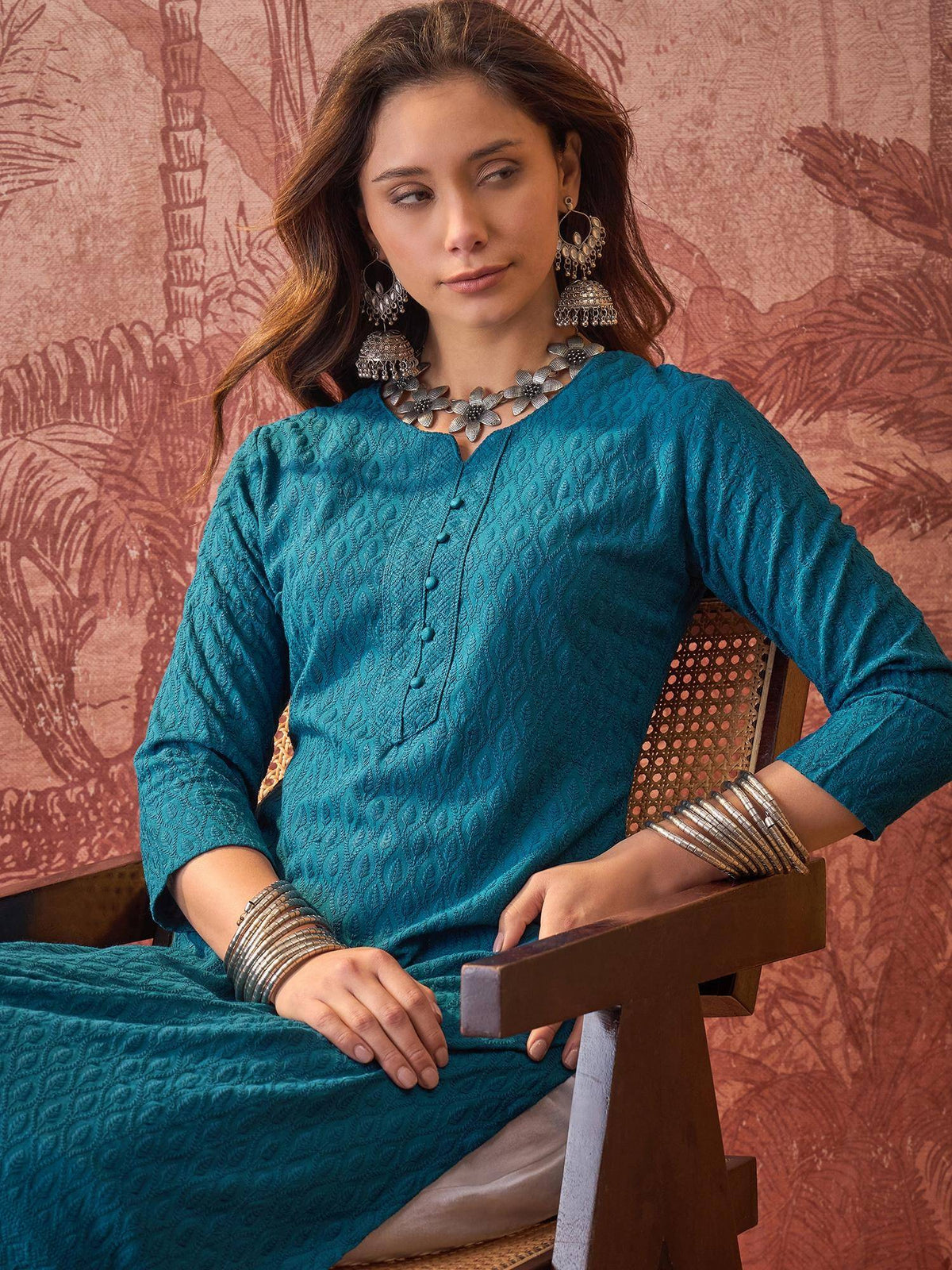 Teal Lakhnavi Embroidered Kurtas | KDG - view 4