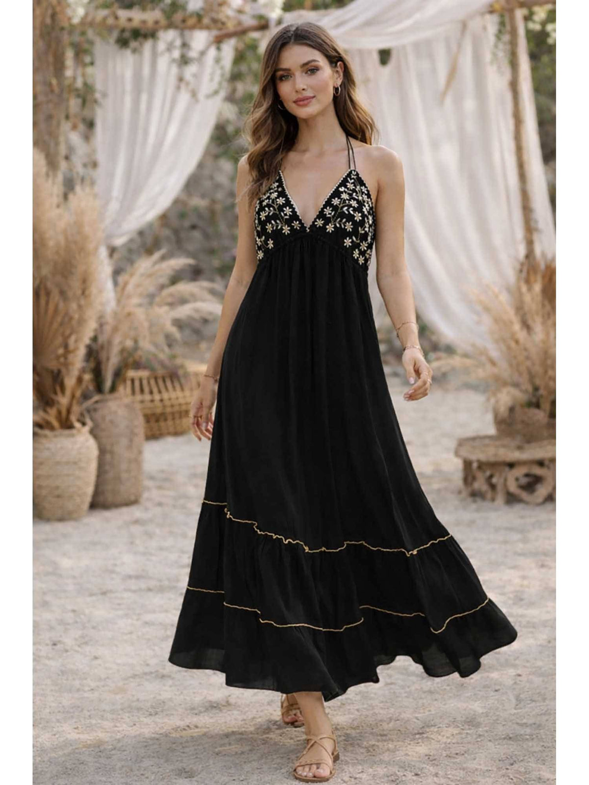 Women Azara Black Backless Embroidered Dress | D56 - view 1