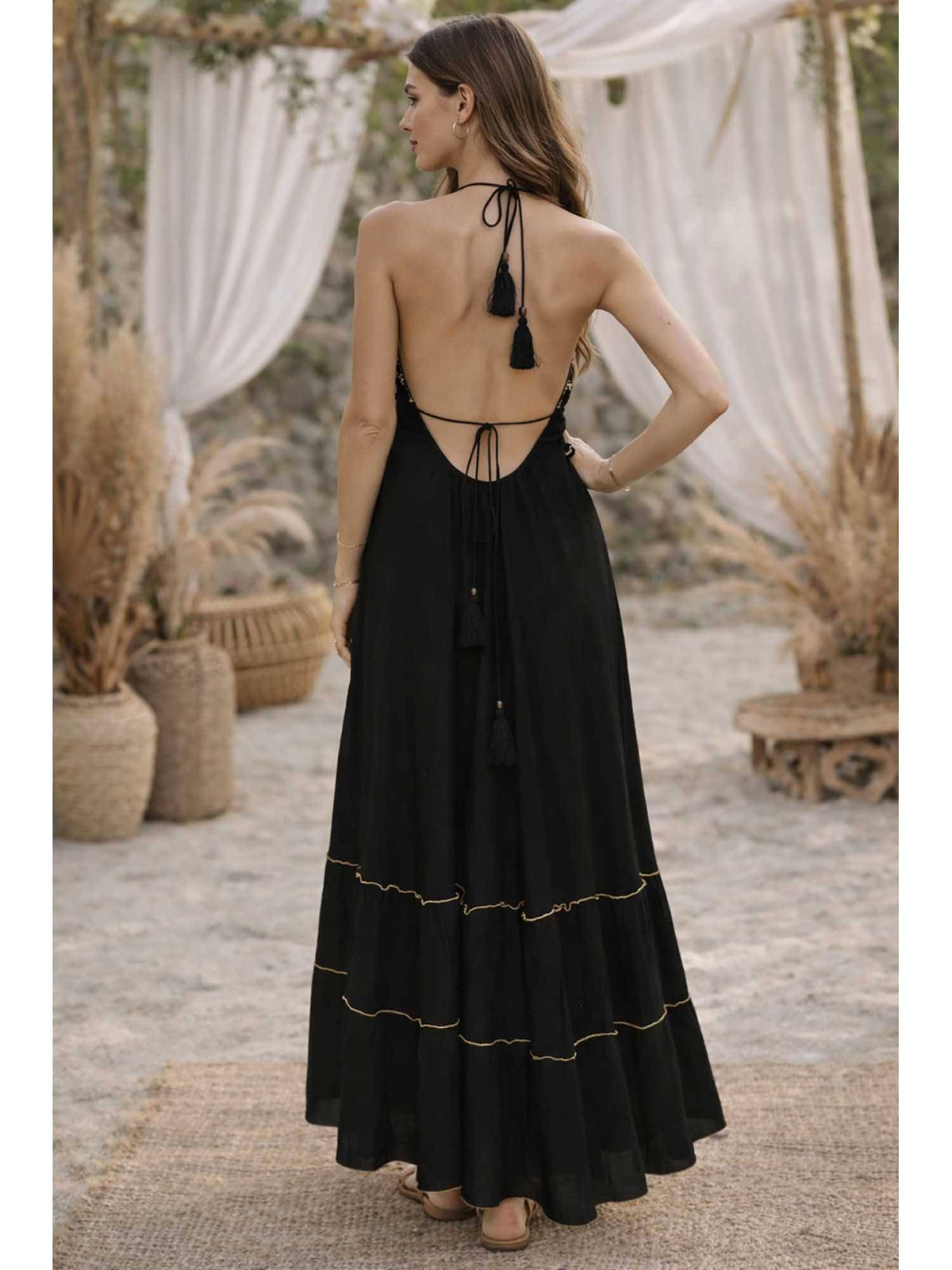 Women Azara Black Backless Embroidered Dress | D56 - view 2
