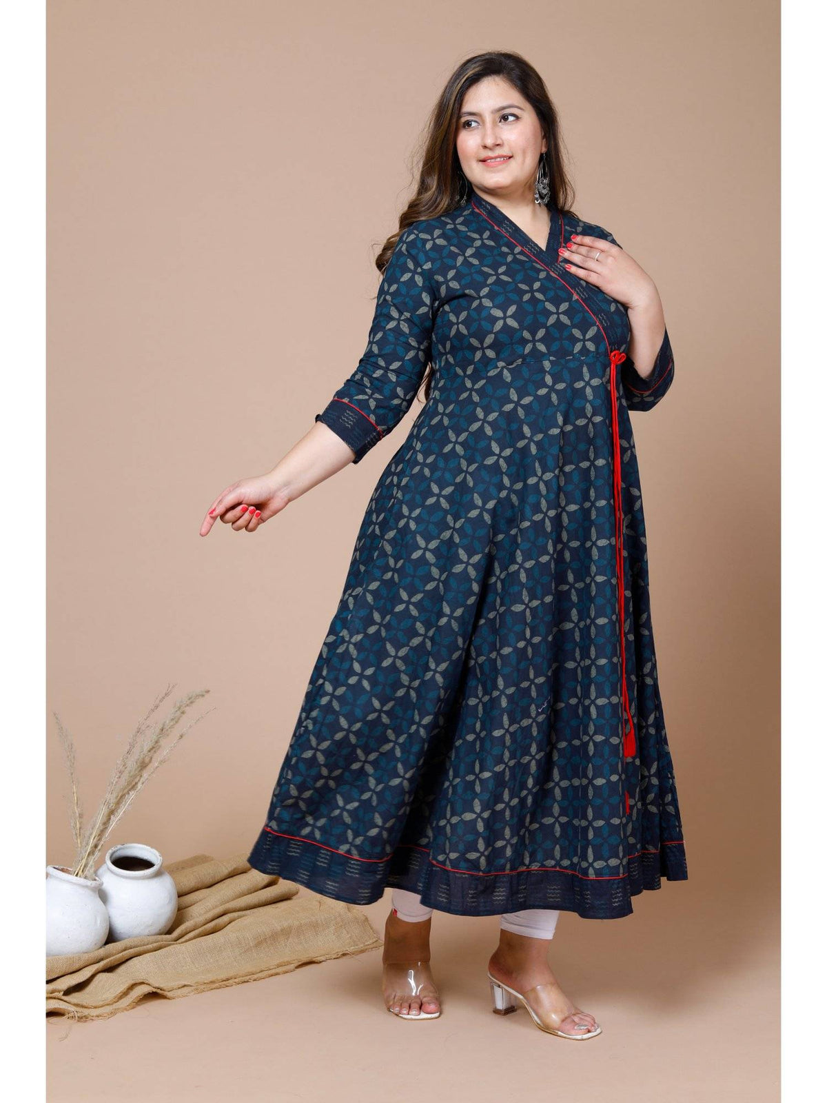 Womens Plus Size Navy Blue Printed Angrakha Kurta | KDG - view 2