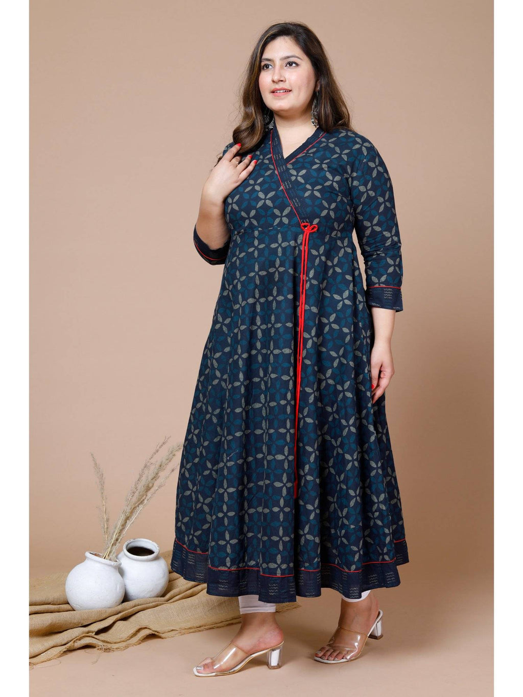 Womens Plus Size Navy Blue Printed Angrakha Kurta | KDG - view 3