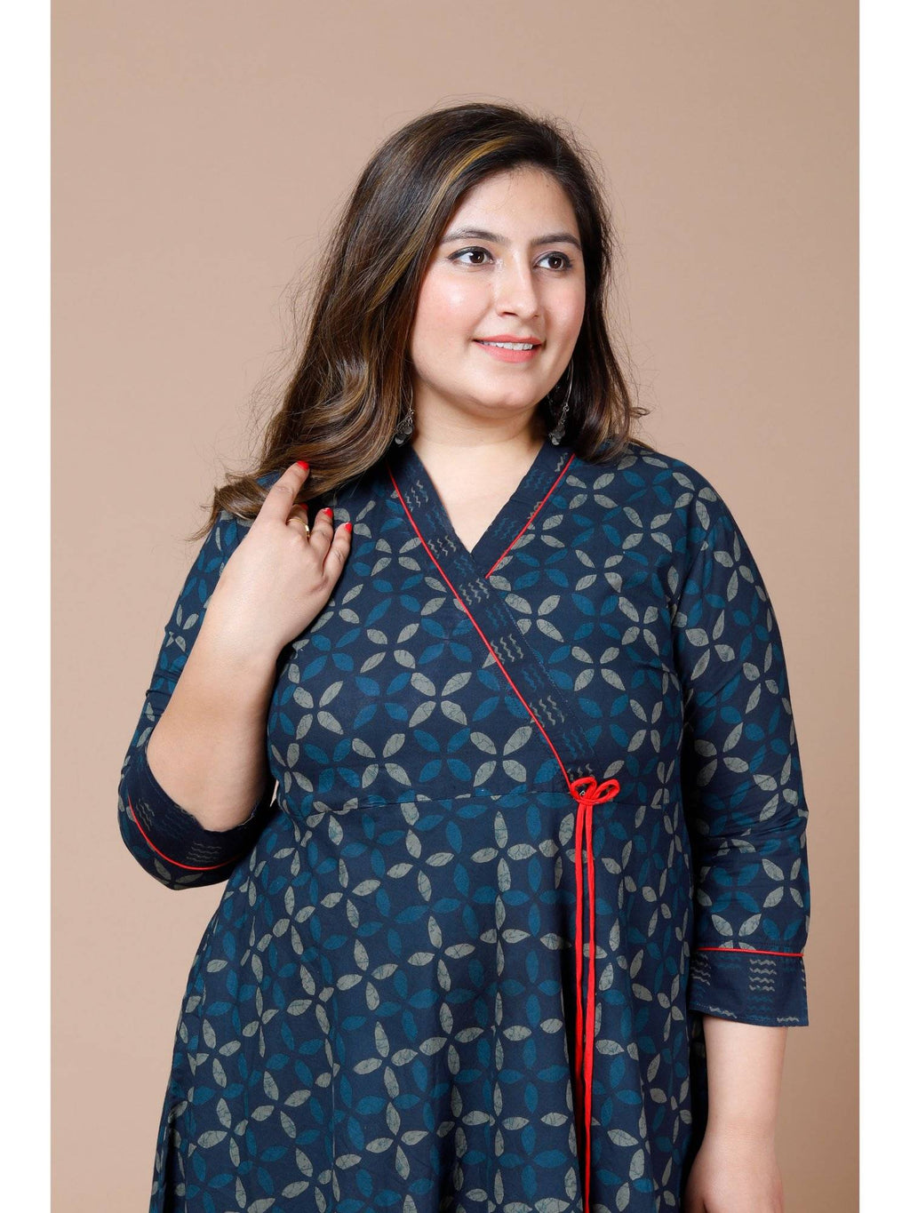 Womens Plus Size Navy Blue Printed Angrakha Kurta | KDG - view 4