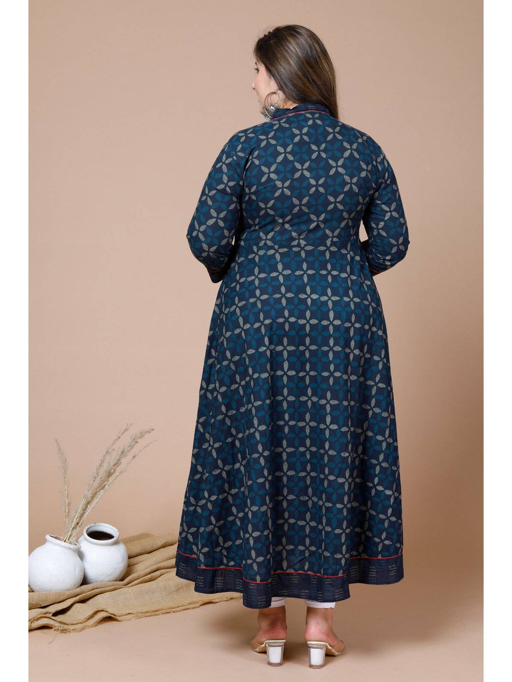 Womens Plus Size Navy Blue Printed Angrakha Kurta | KDG - view 5