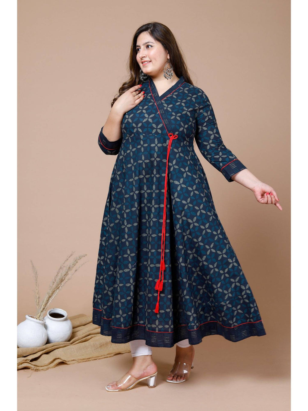 Womens Plus Size Navy Blue Printed Angrakha Kurta | FY93 - view 6