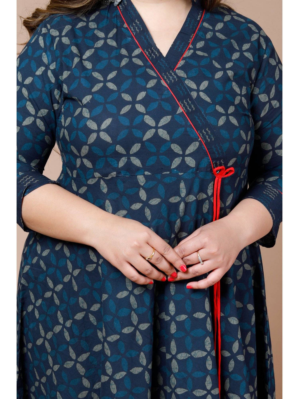 Womens Plus Size Navy Blue Printed Angrakha Kurta | FY93 - view 7