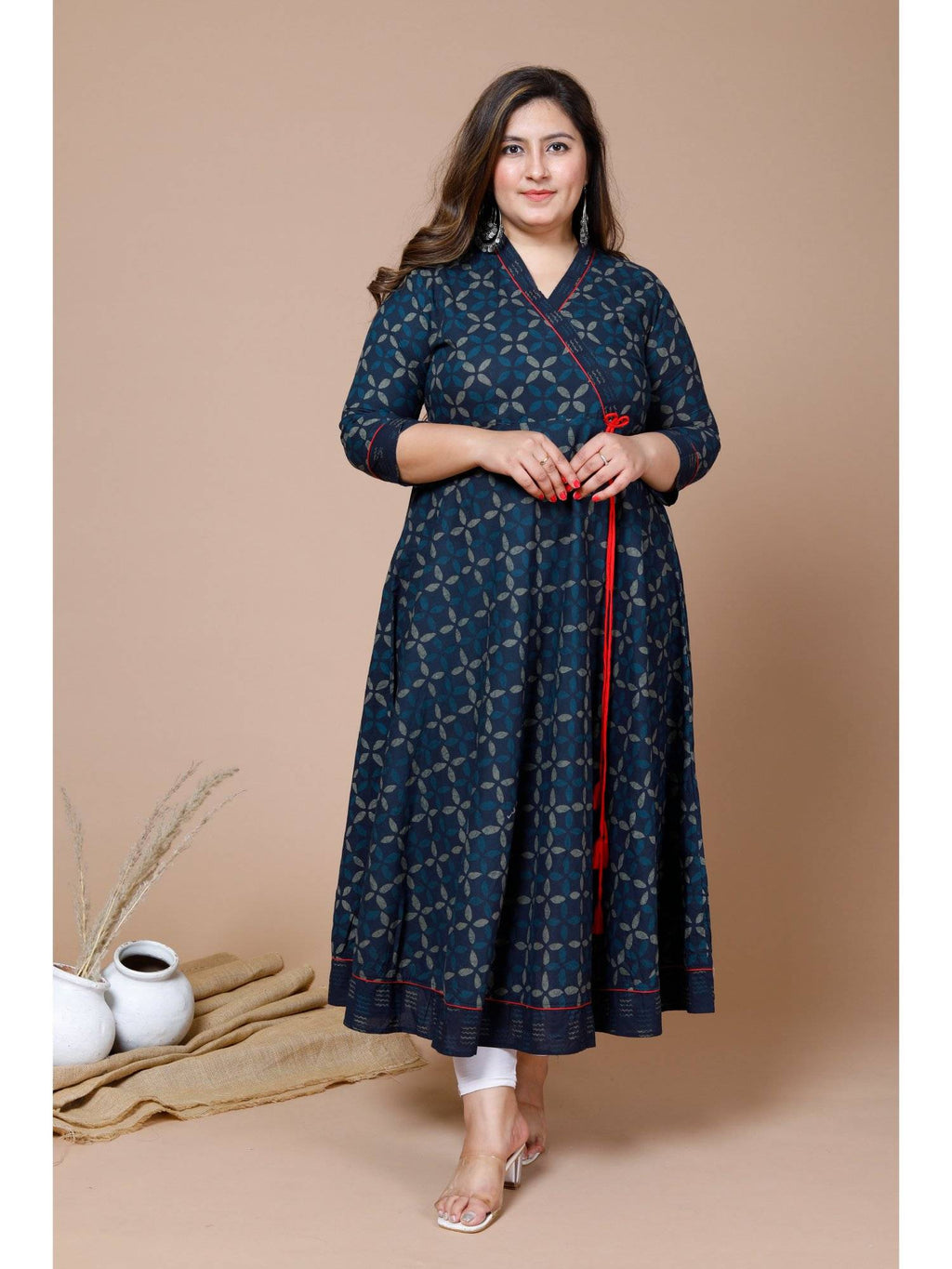 Womens Plus Size Navy Blue Printed Angrakha Kurta | FY93 - view 8