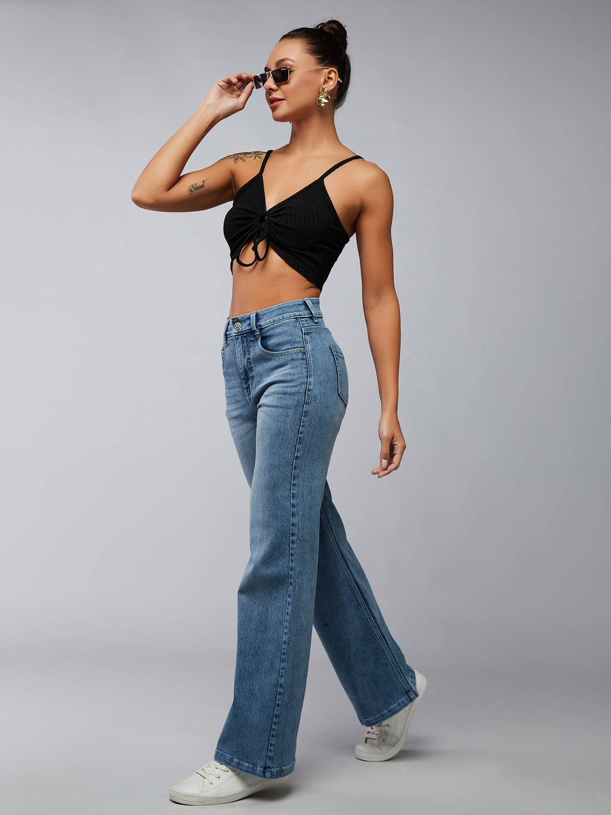 Light Blue Wide Leg High Rise Stretchable Shaping Denim Jeans | WL90 - view 2