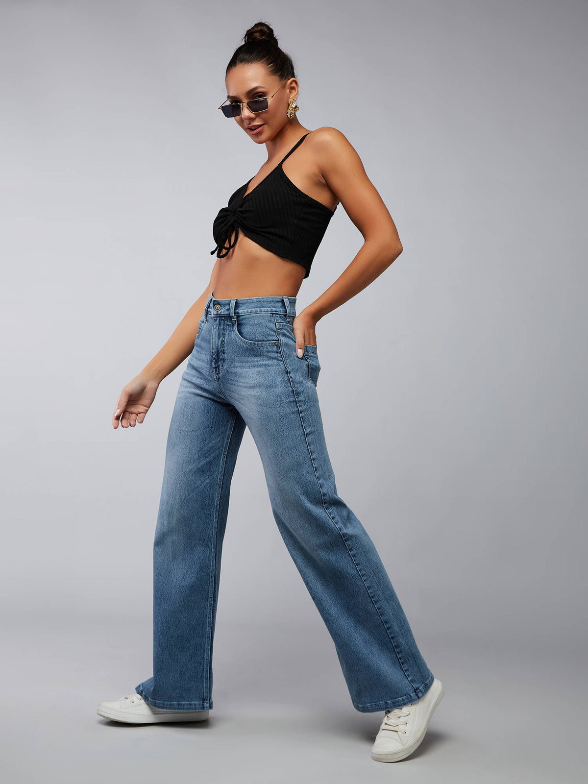 Light Blue Wide Leg High Rise Stretchable Shaping Denim Jeans | WL90 - view 6