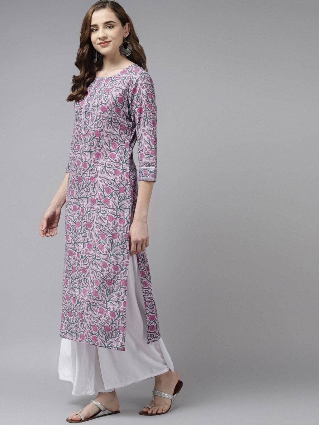 Women Lavender and Green Pure Cotton Floral Print Kurta | FY93 - view 2