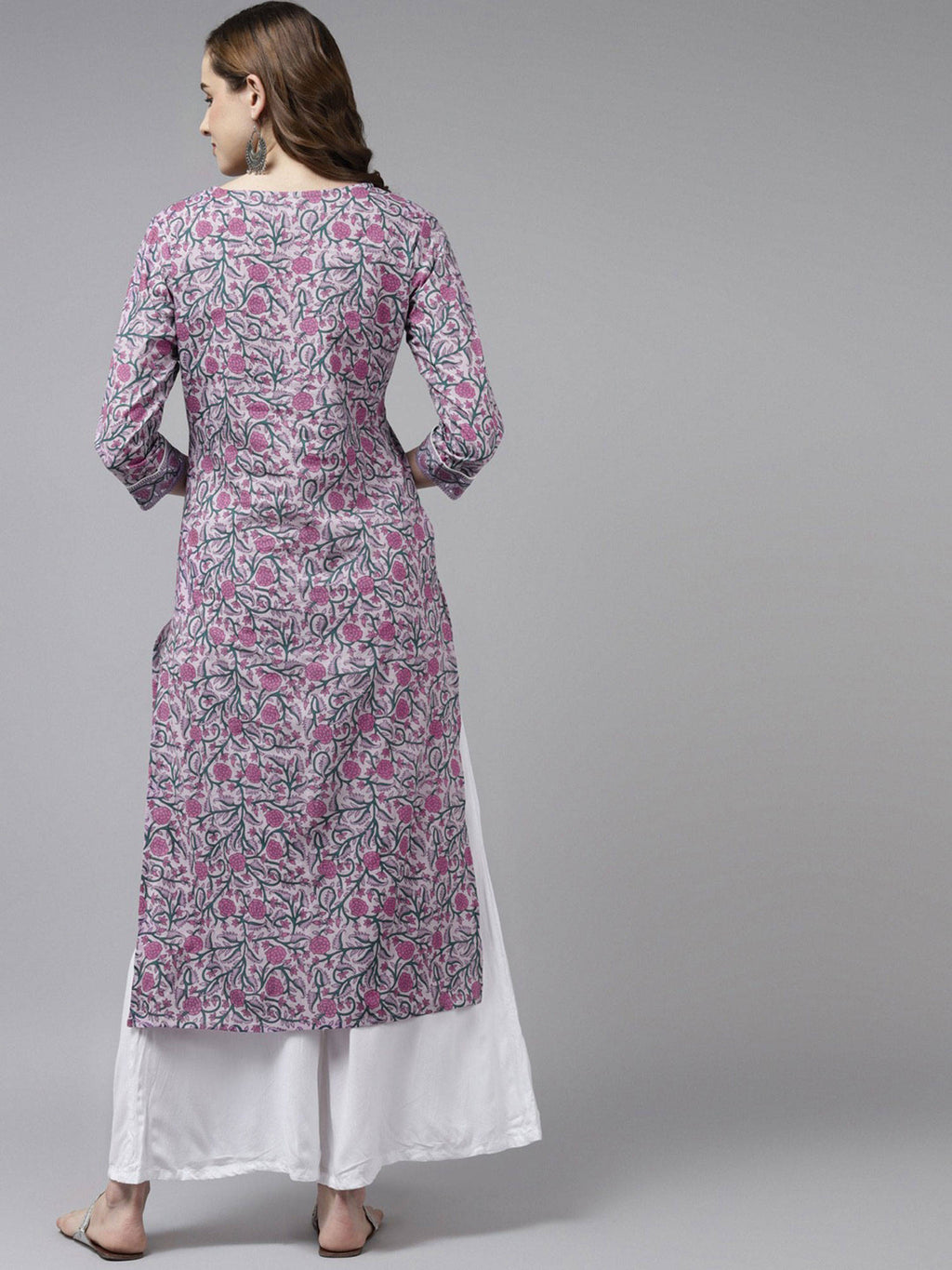 Women Lavender and Green Pure Cotton Floral Print Kurta | FY93 - view 3