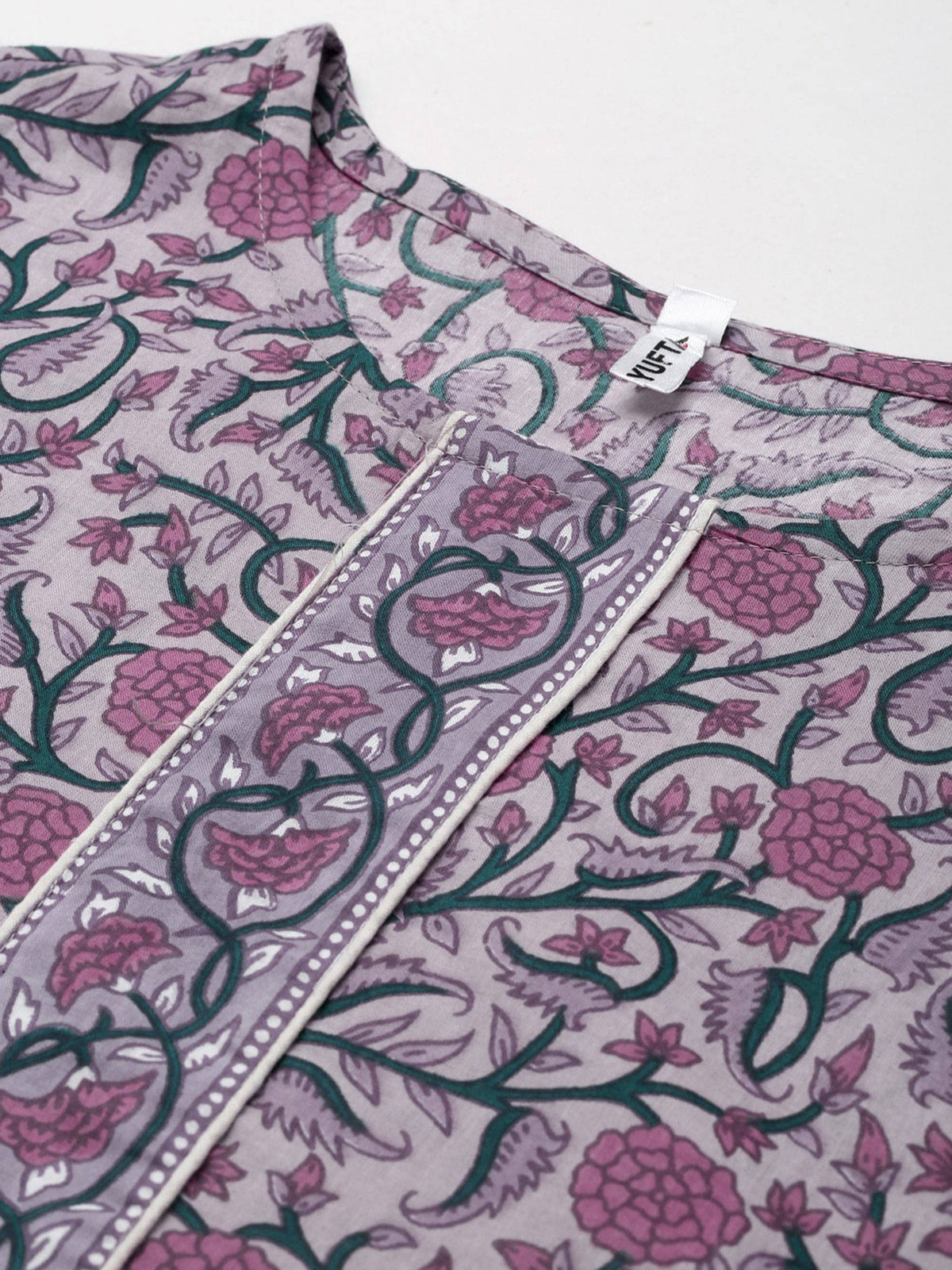 Women Lavender and Green Pure Cotton Floral Print Kurta | FY93 - view 4