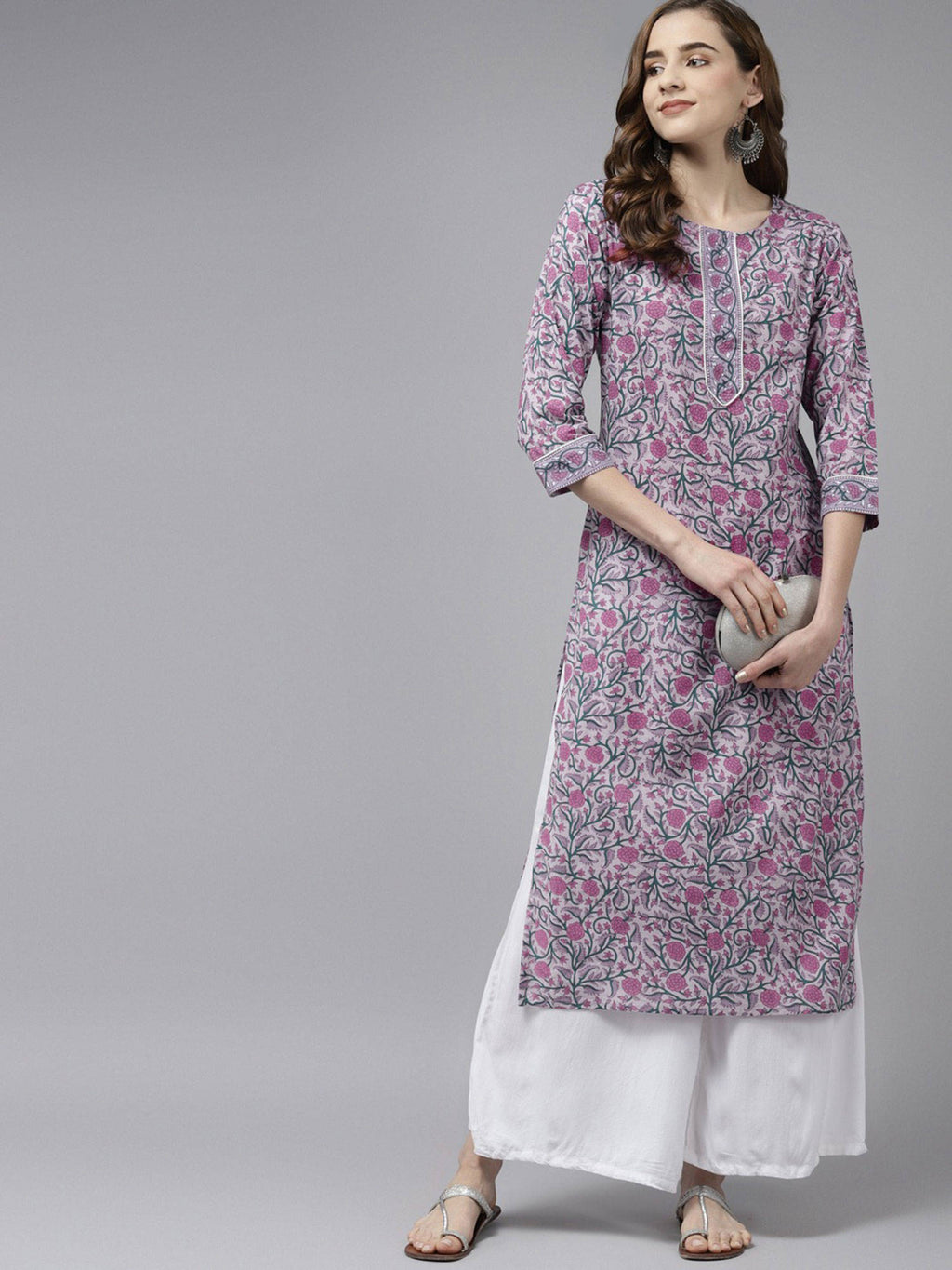 Women Lavender and Green Pure Cotton Floral Print Kurta | FY93 - view 5