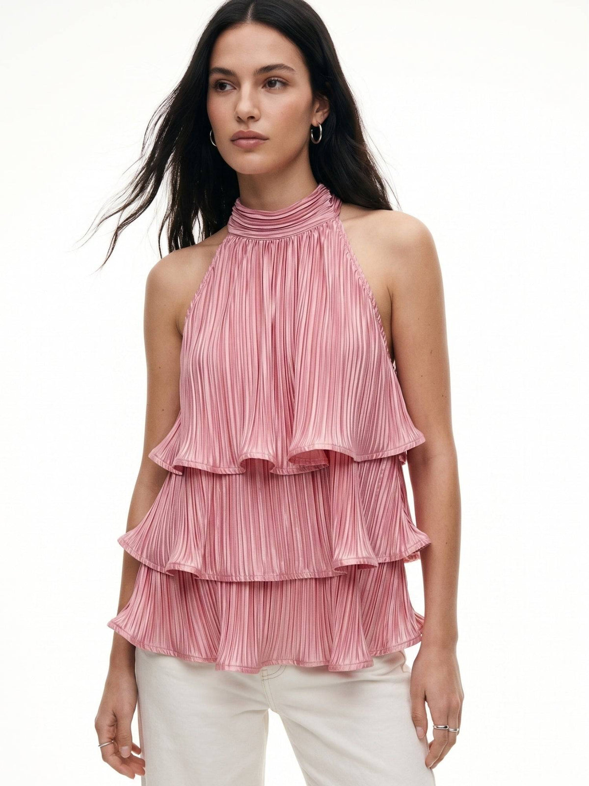 Pink Rolled-Up Tiered Halter Neck Top | HT67 - view 3