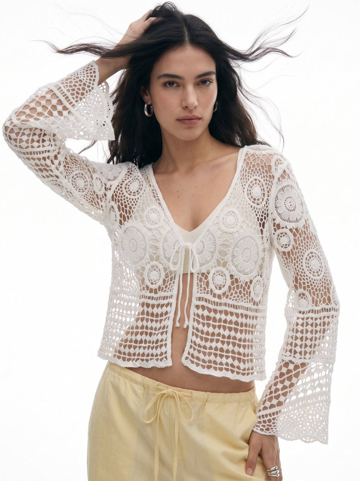 Off White Front Tie-Up Bell Sleeve Crochet Top | CT61 - view 2