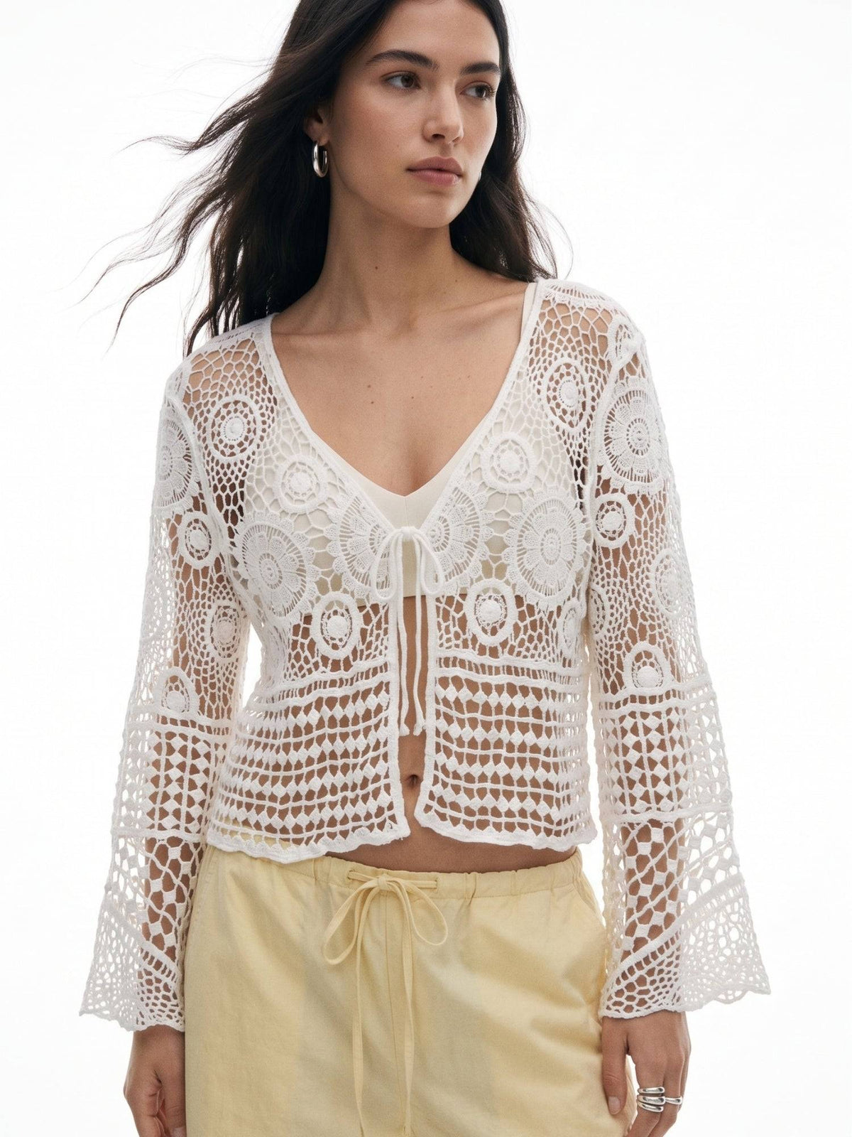 Off White Front Tie-Up Bell Sleeve Crochet Top | CT61 - view 3