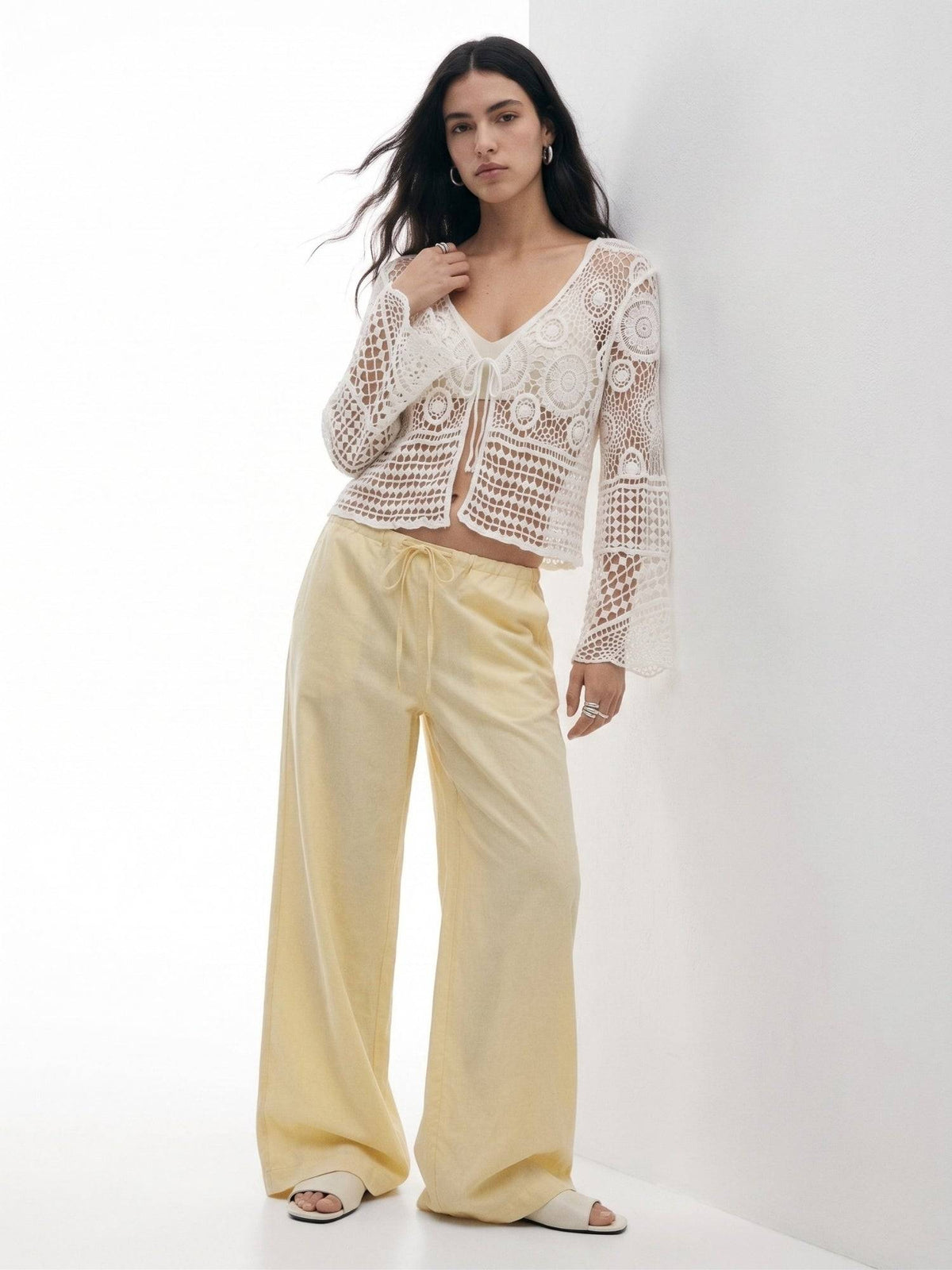 Off White Front Tie-Up Bell Sleeve Crochet Top | CT61 - view 4