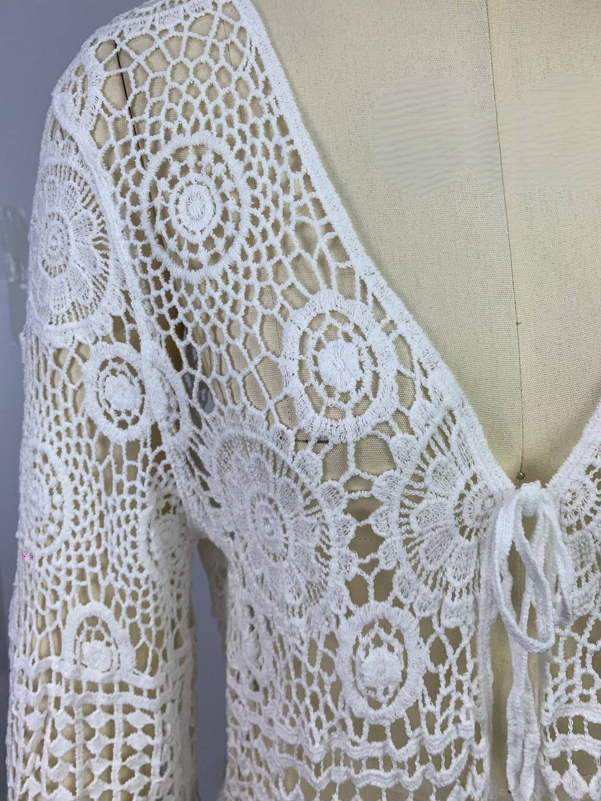 Off White Front Tie-Up Bell Sleeve Crochet Top | CT61 - view 5