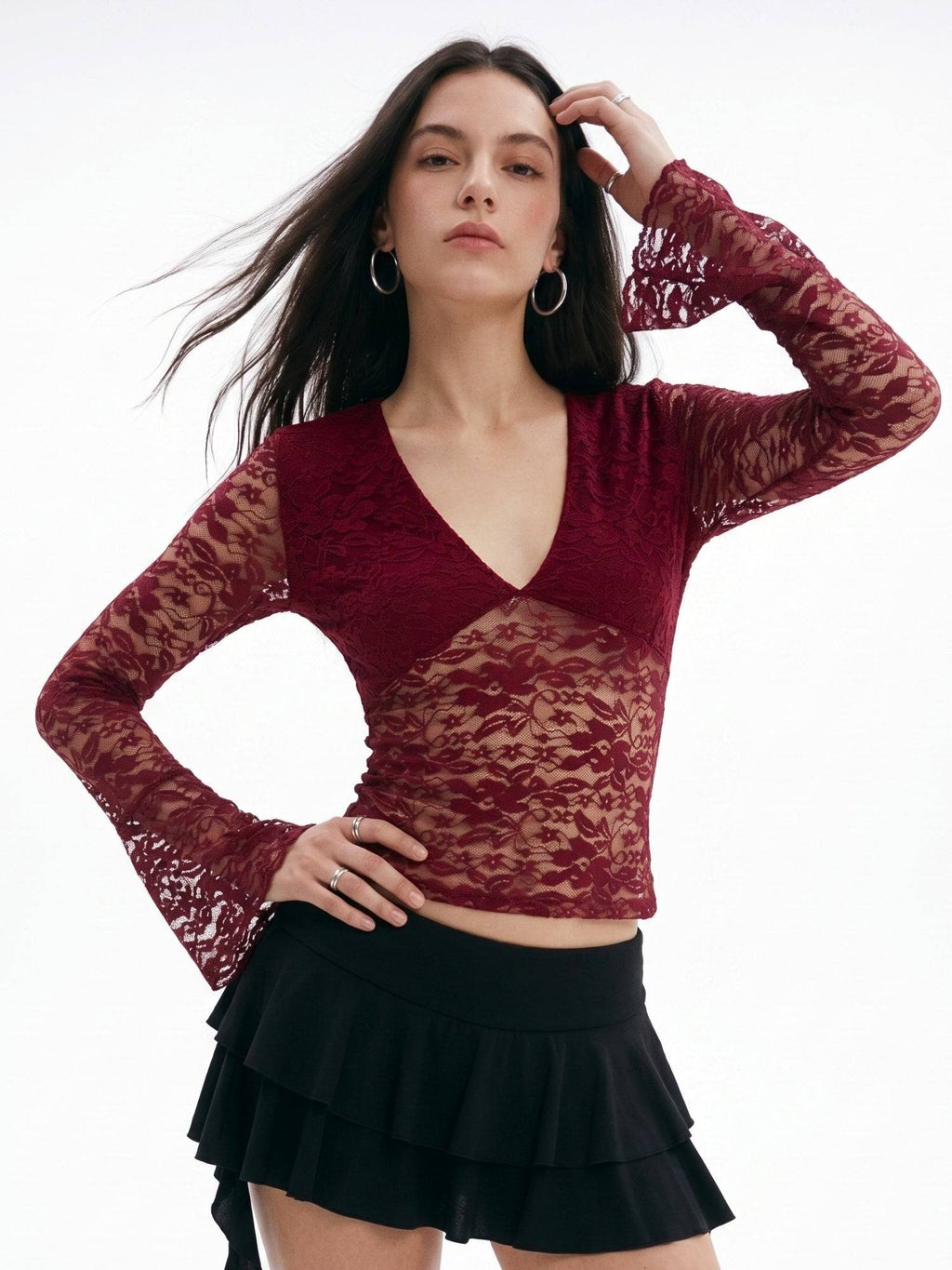 Maroon Bell Sleeve V Neck Lace Top | CT61 - view 2