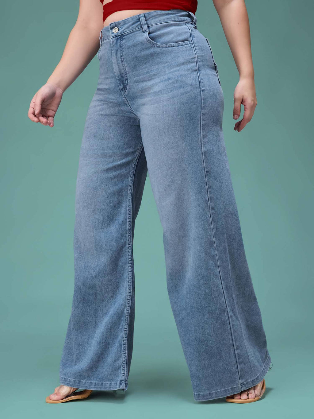 Blue Solid Plain Wide Fit Jeans | WL90 - view 3