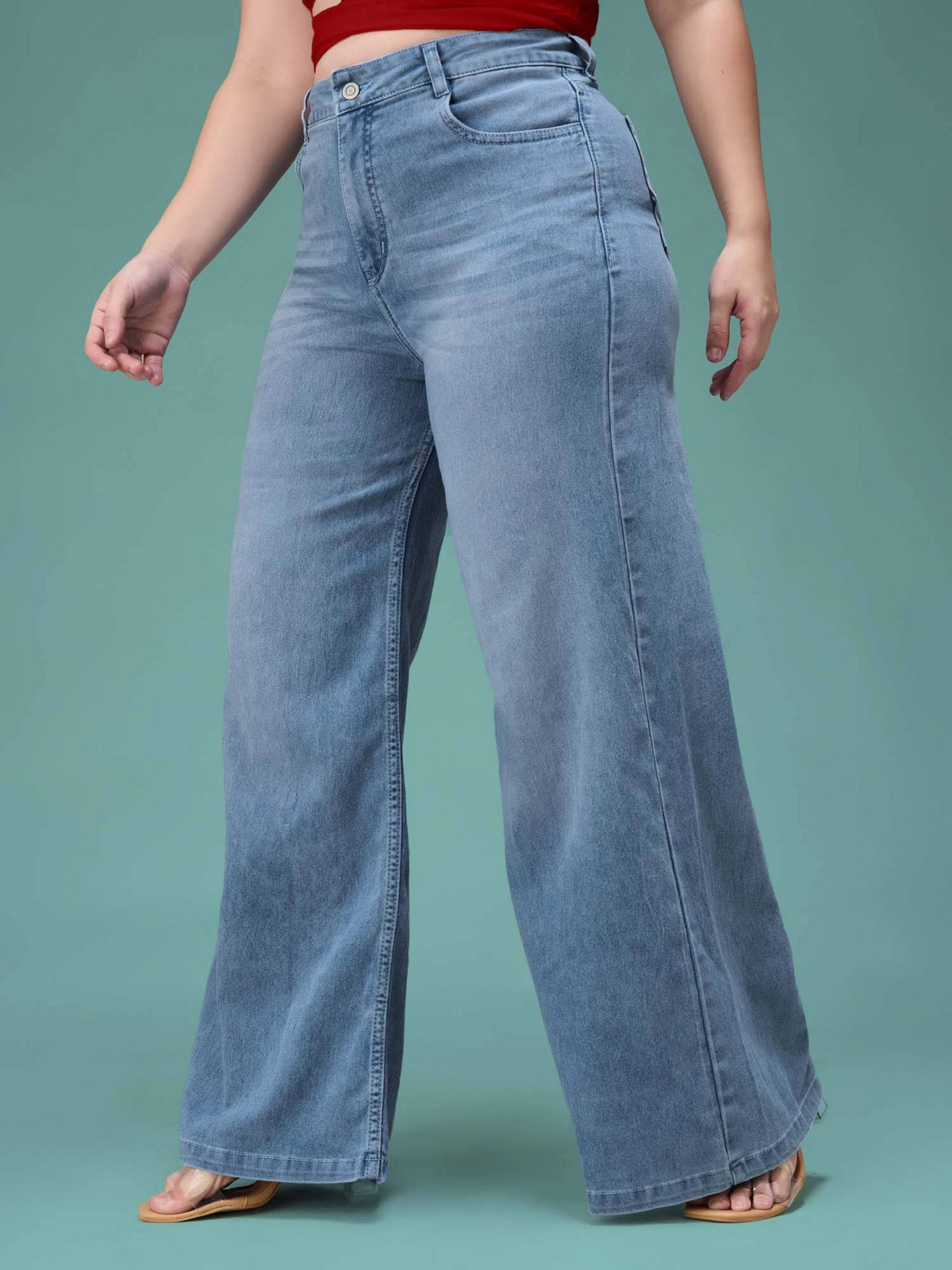 Blue Solid Plain Wide Fit Jeans | WL90 - view 3