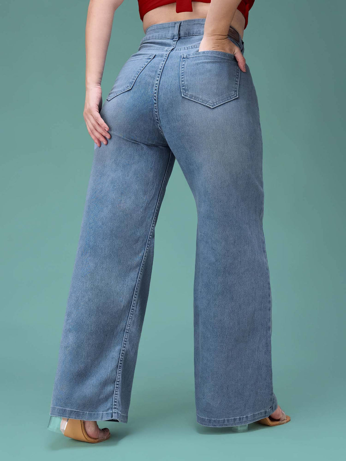 Blue Solid Plain Wide Fit Jeans | WL90 - view 4