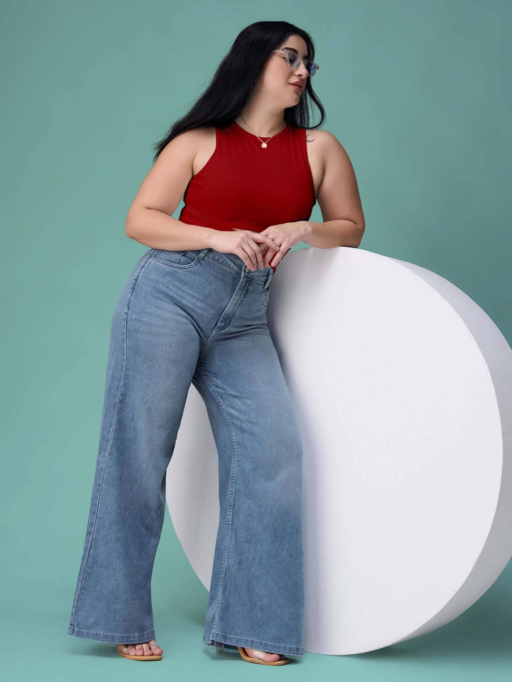 Blue Solid Plain Wide Fit Jeans | WL90 - view 7
